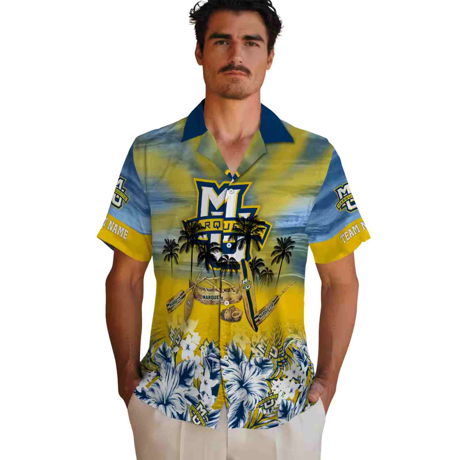 customized marquette golden eagles tropical canoe blue hawaiian shirt fashion forward