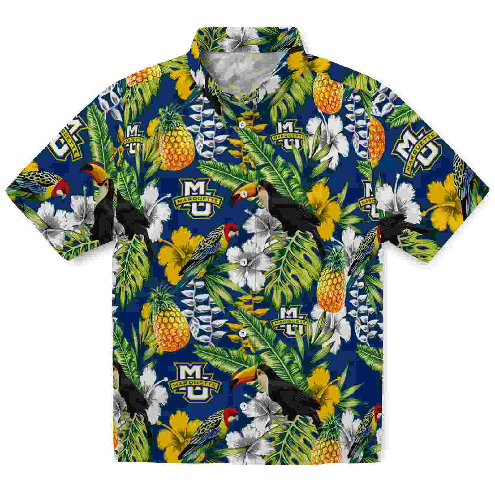 Customized Marquette Golden Eagles Tropical Toucan Blue Green Hawaiian Shirt