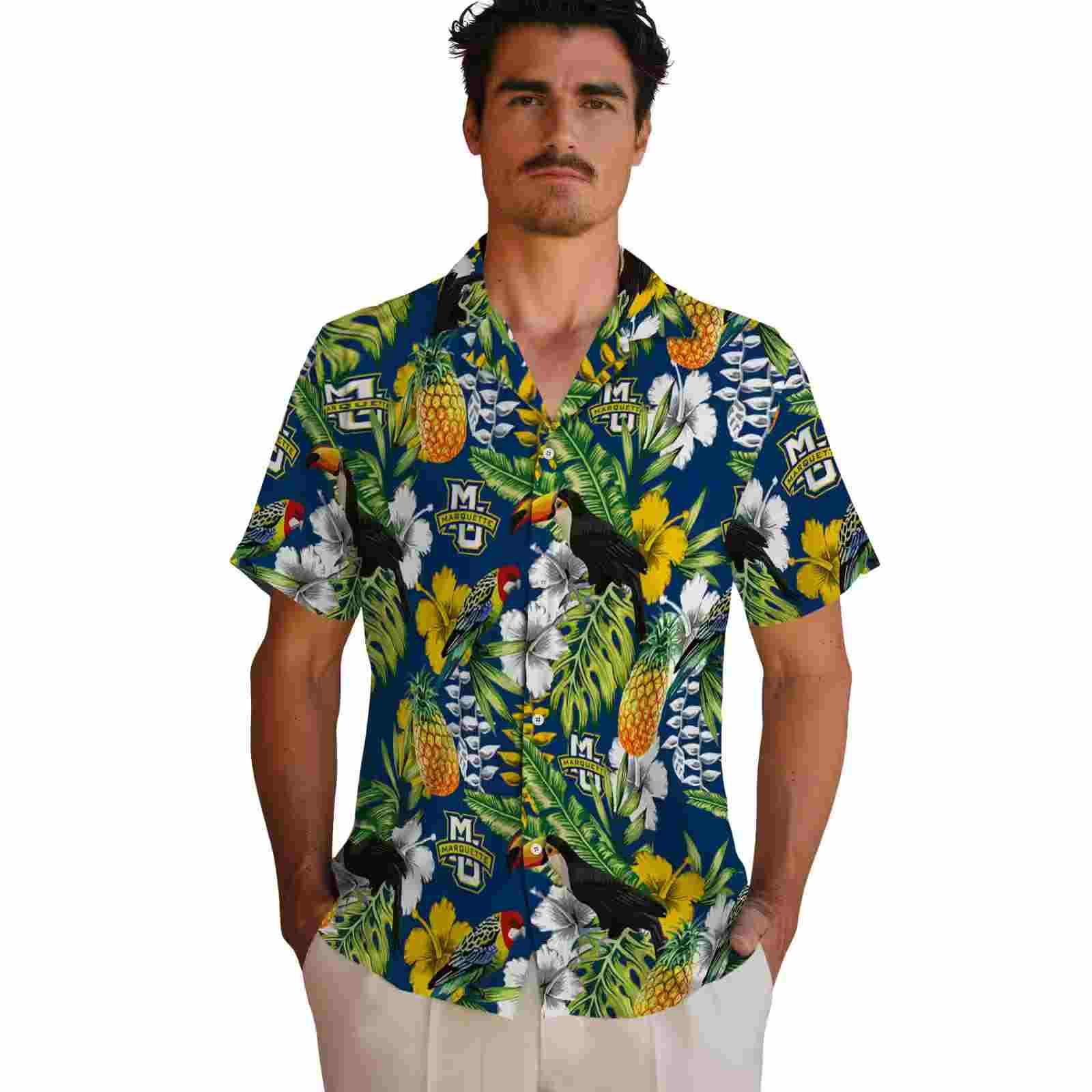 customized marquette golden eagles tropical toucan blue green hawaiian shirt fashion forward