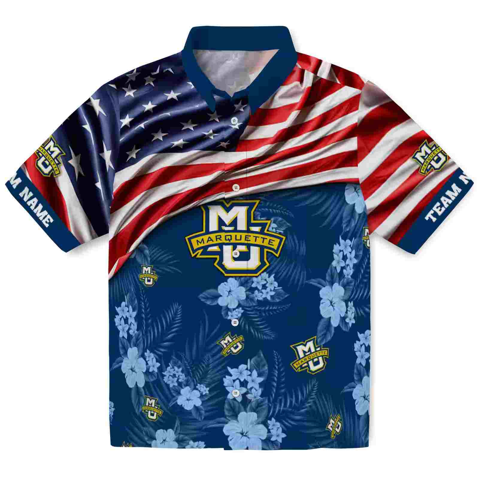 Customized Marquette Golden Eagles US Flag Hibiscus Blue Hawaiian Shirt