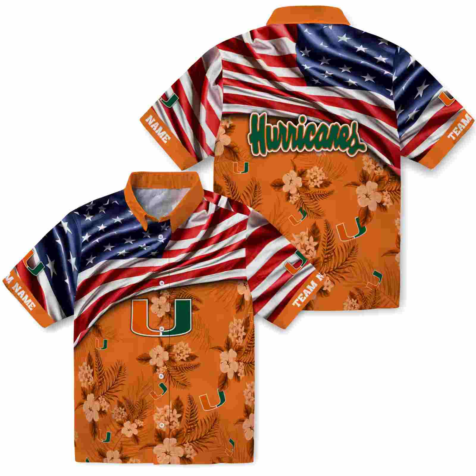 customized miami hurricanes us flag hibiscus orange hawaiian shirt high quality