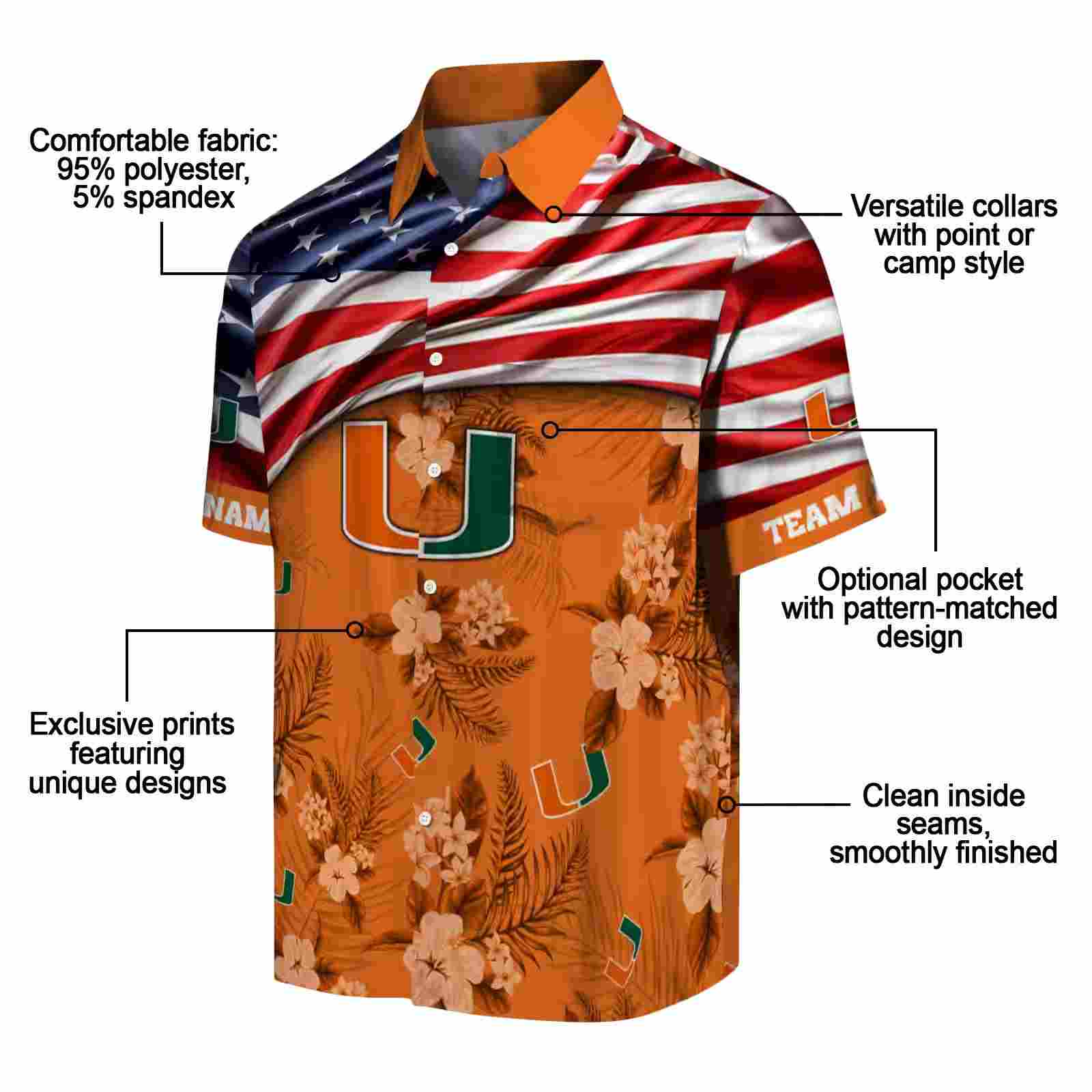 customized miami hurricanes us flag hibiscus orange hawaiian shirt new arrival