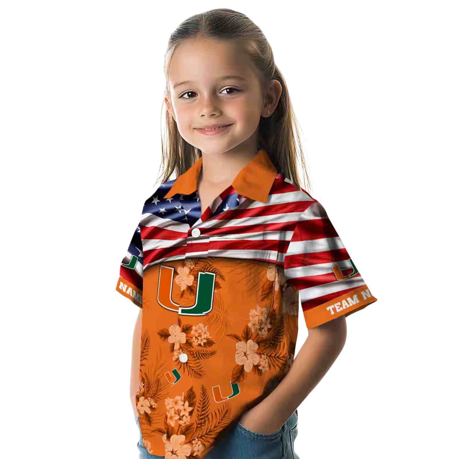 customized miami hurricanes us flag hibiscus orange hawaiian shirt premium grade