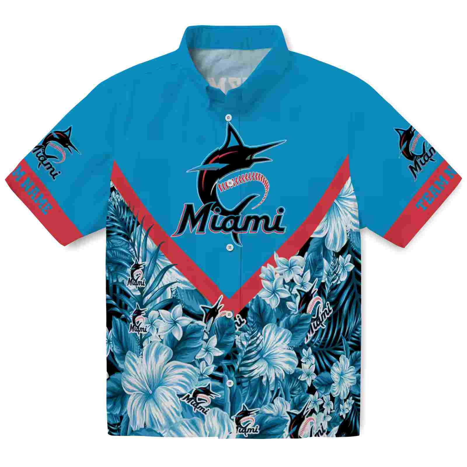 Customized Miami Marlins Floral Chevron Blue Hawaiian Shirt