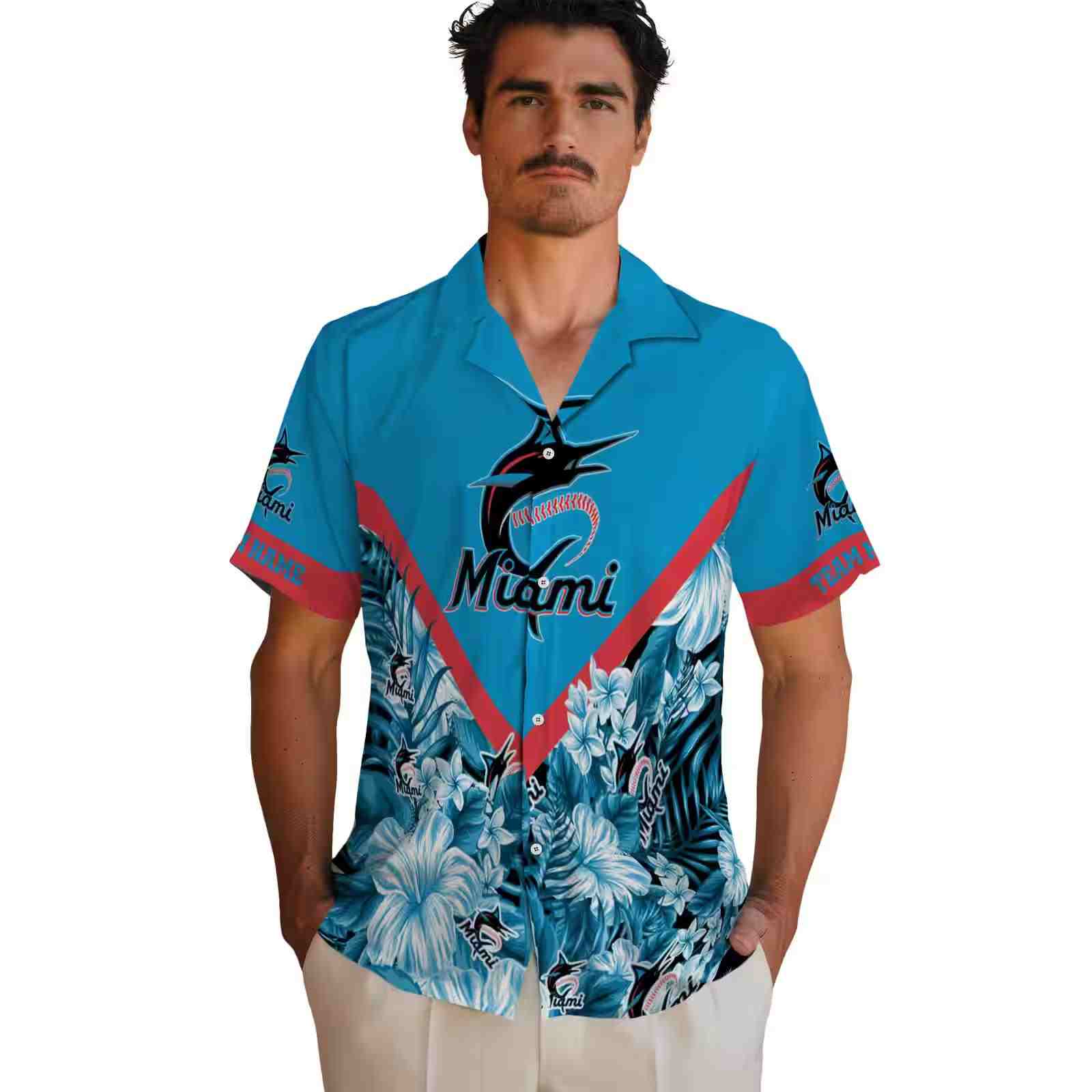 customized miami marlins floral chevron blue hawaiian shirt fashion forward