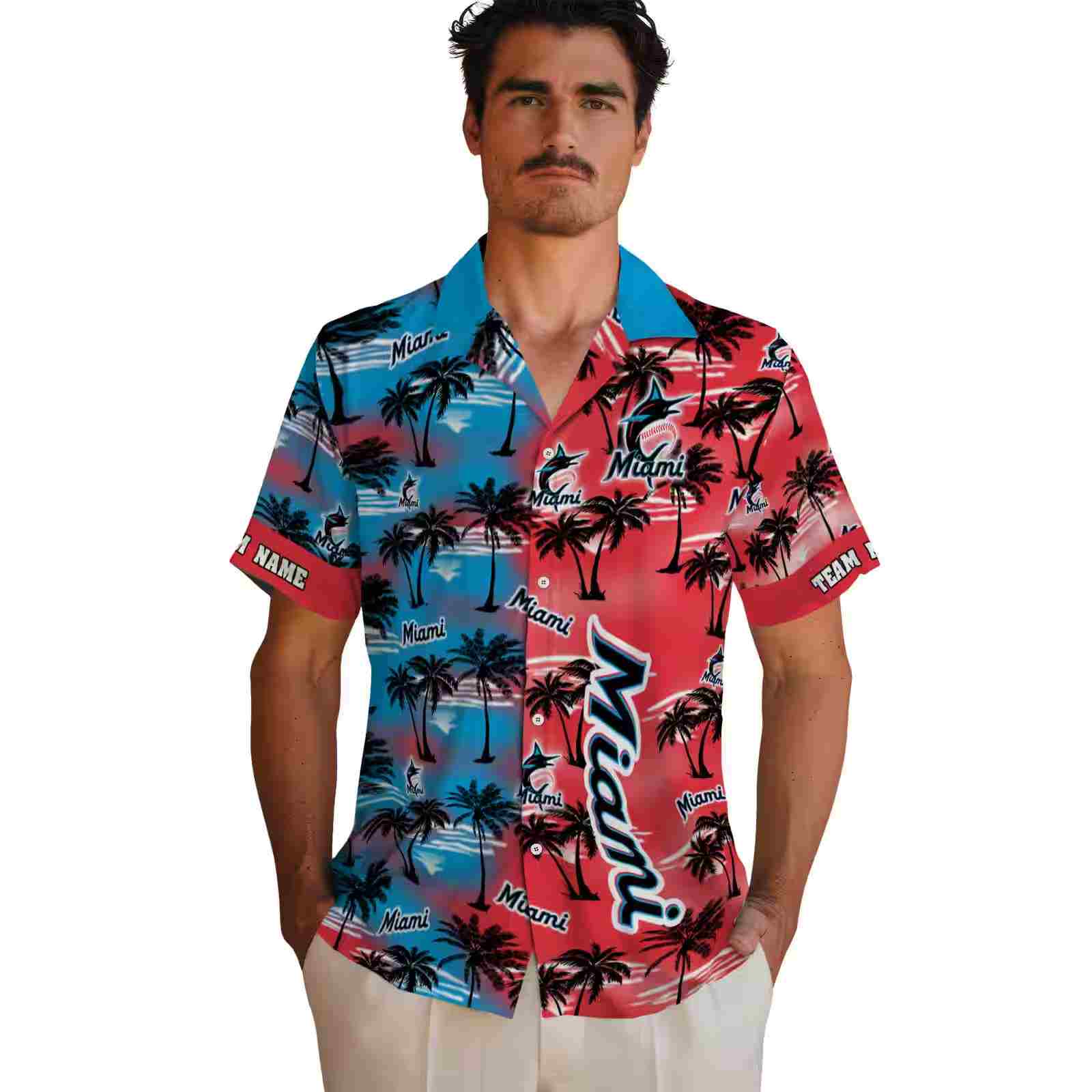 customized miami marlins palm silhouettes blue hawaiian shirt fashion forward