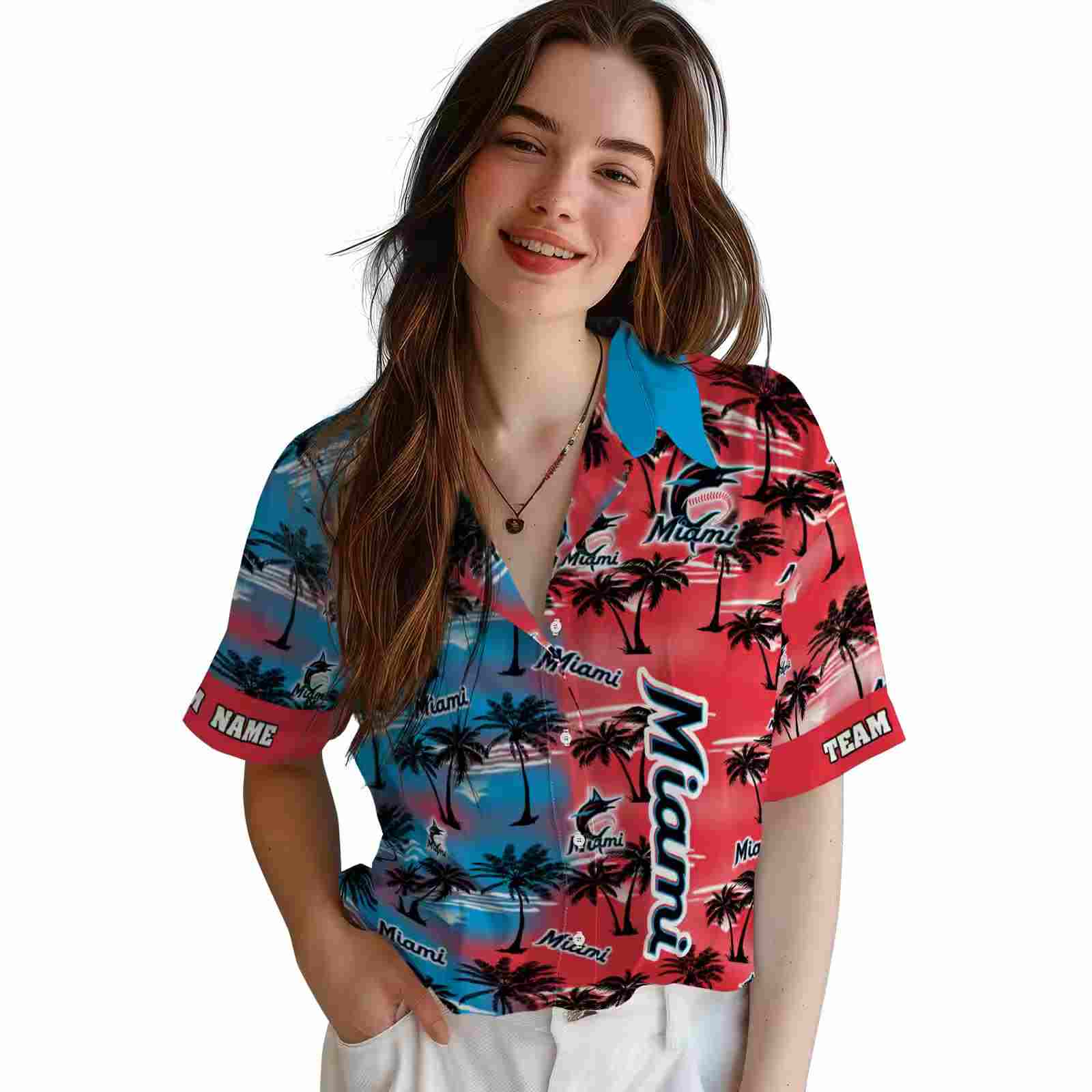 customized miami marlins palm silhouettes blue hawaiian shirt latest model