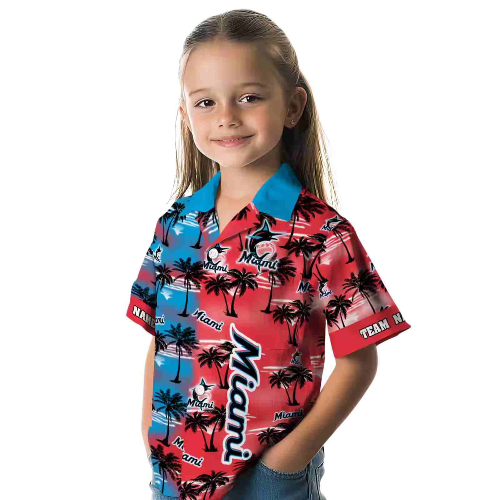 customized miami marlins palm silhouettes blue hawaiian shirt premium grade