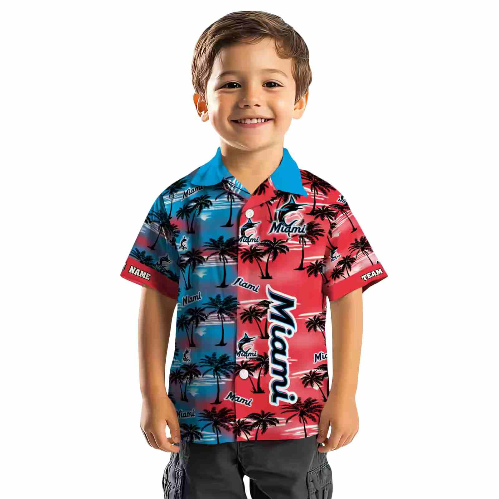 customized miami marlins palm silhouettes blue hawaiian shirt top rated