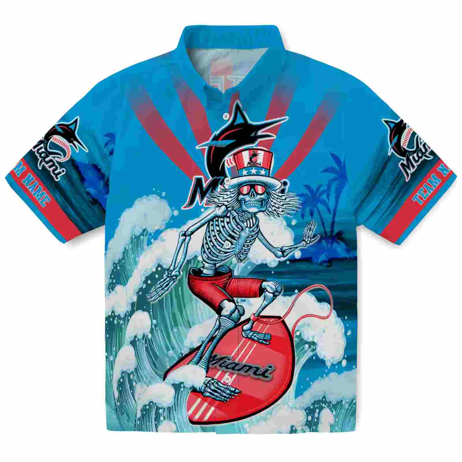 Customized Miami Marlins Surfing Skeleton Blue Hawaiian Shirt