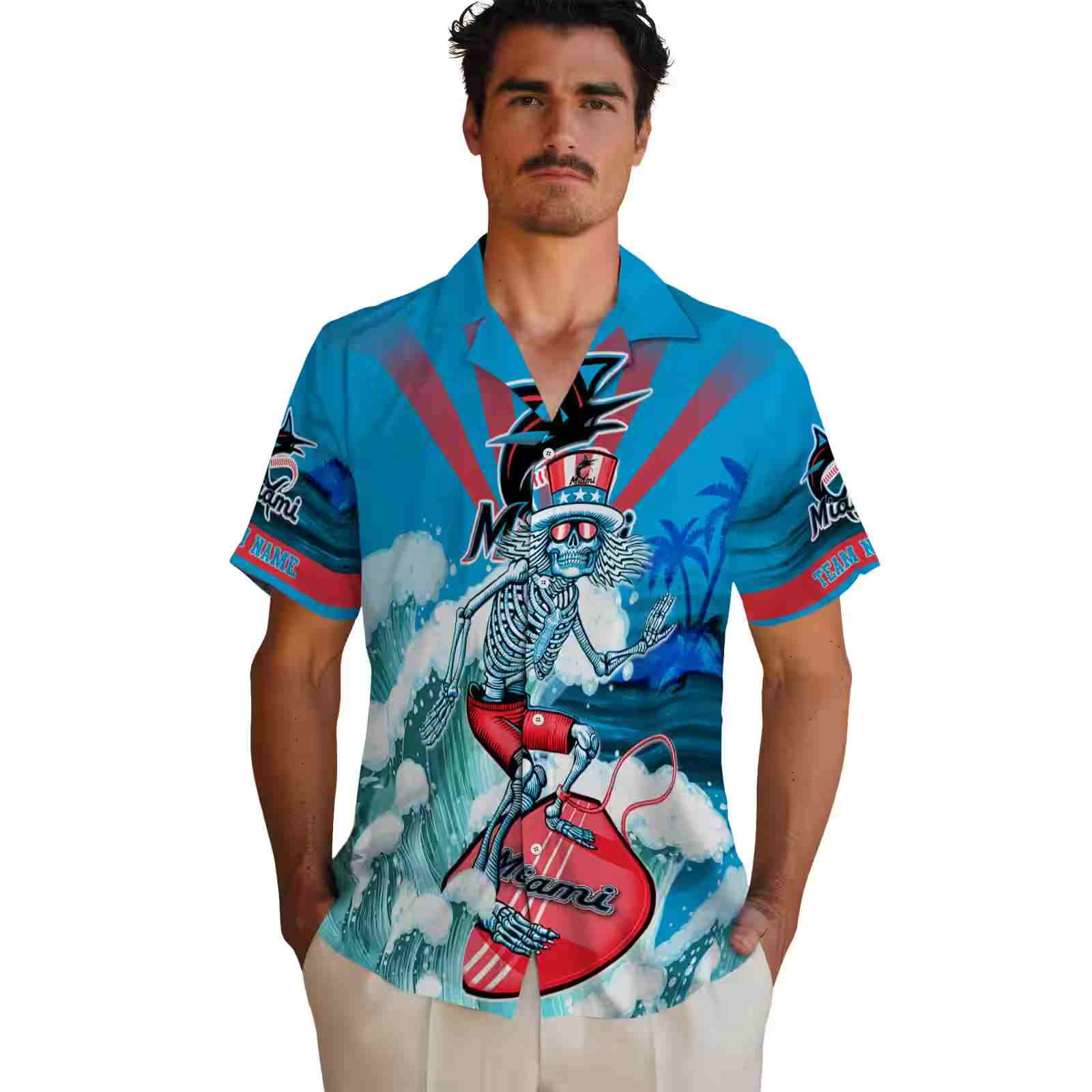 customized miami marlins surfing skeleton blue hawaiian shirt fashion forward