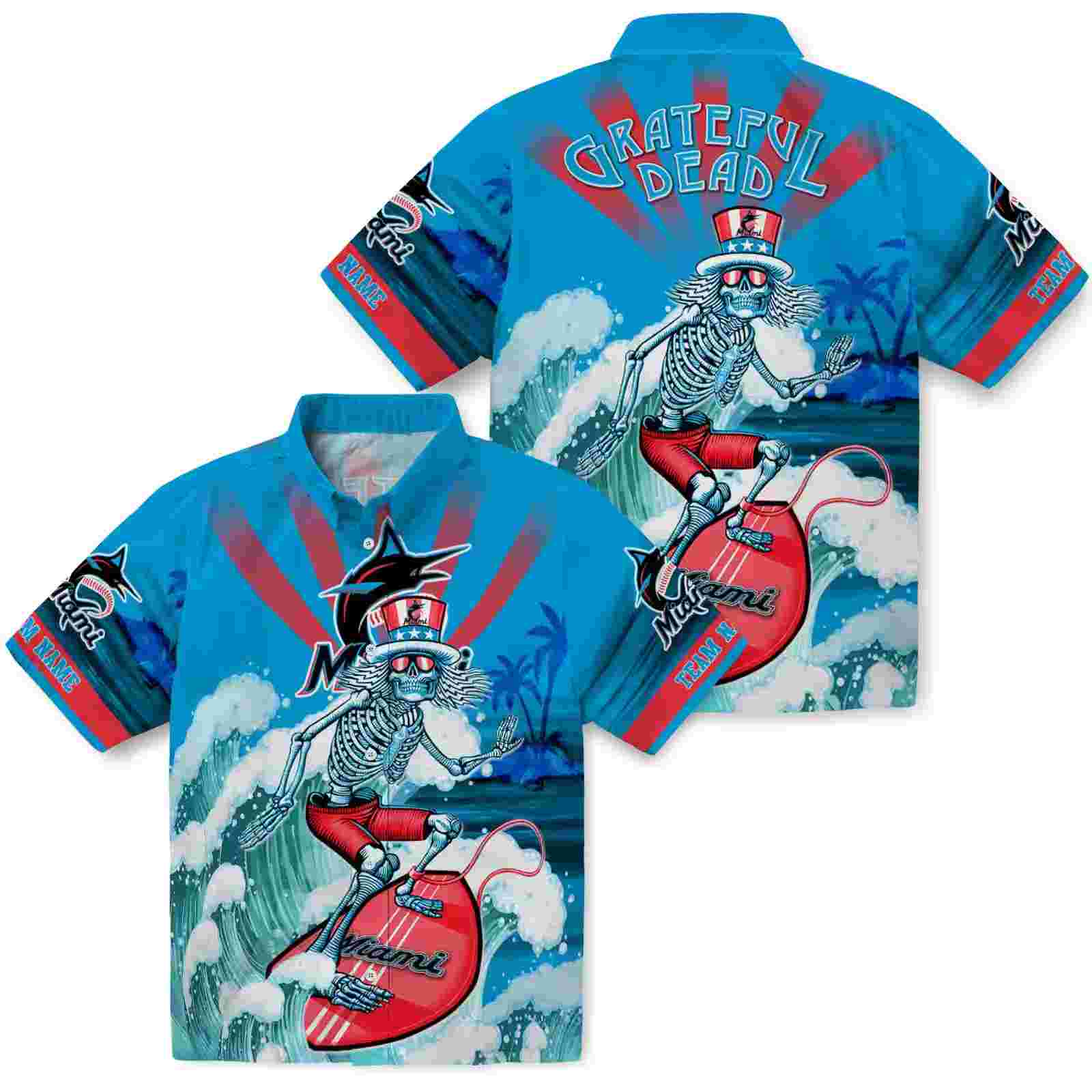 customized miami marlins surfing skeleton blue hawaiian shirt high quality