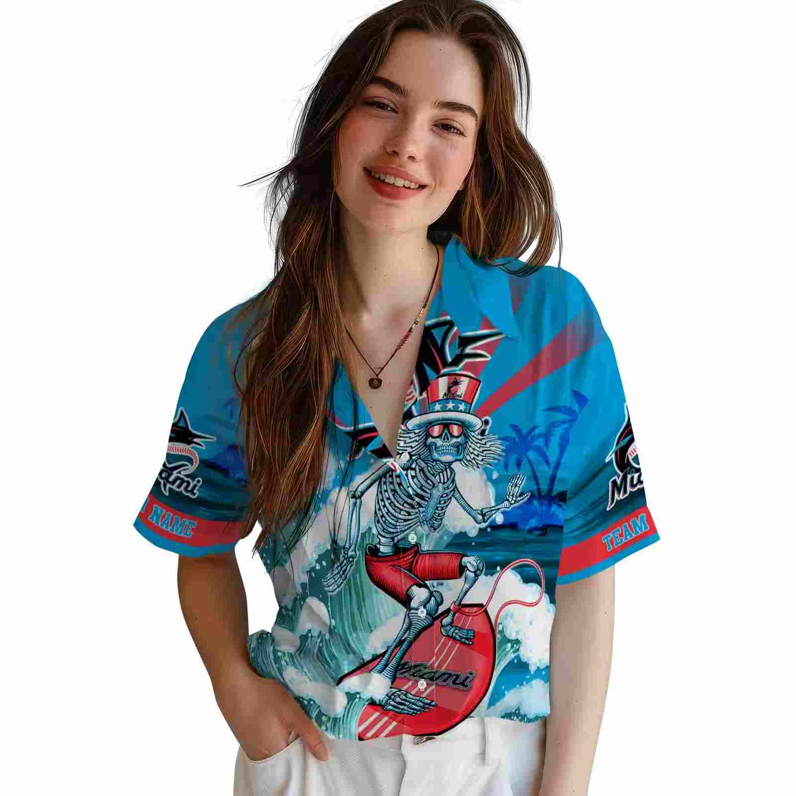 customized miami marlins surfing skeleton blue hawaiian shirt latest model