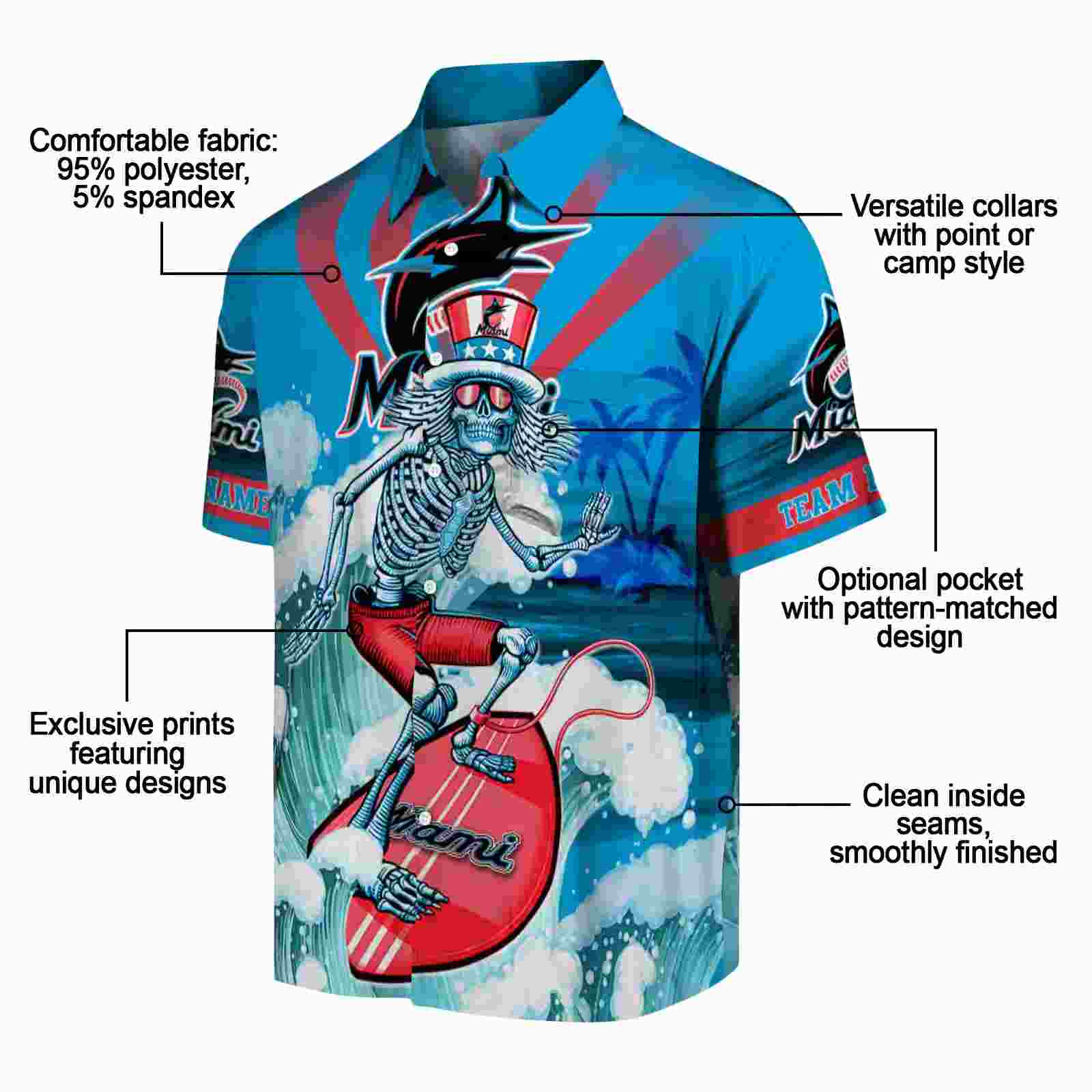 customized miami marlins surfing skeleton blue hawaiian shirt new arrival