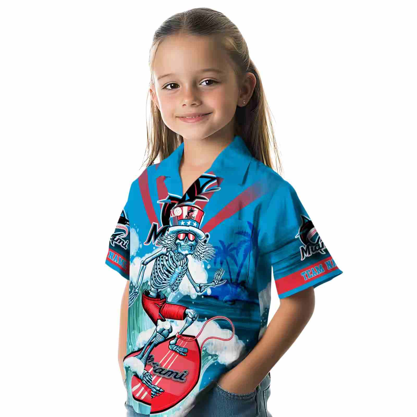 customized miami marlins surfing skeleton blue hawaiian shirt premium grade