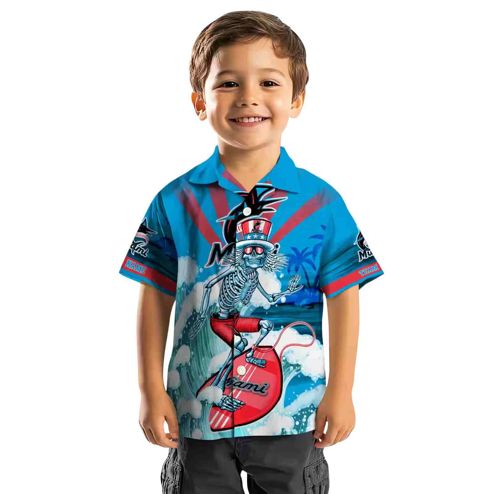 customized miami marlins surfing skeleton blue hawaiian shirt top rated