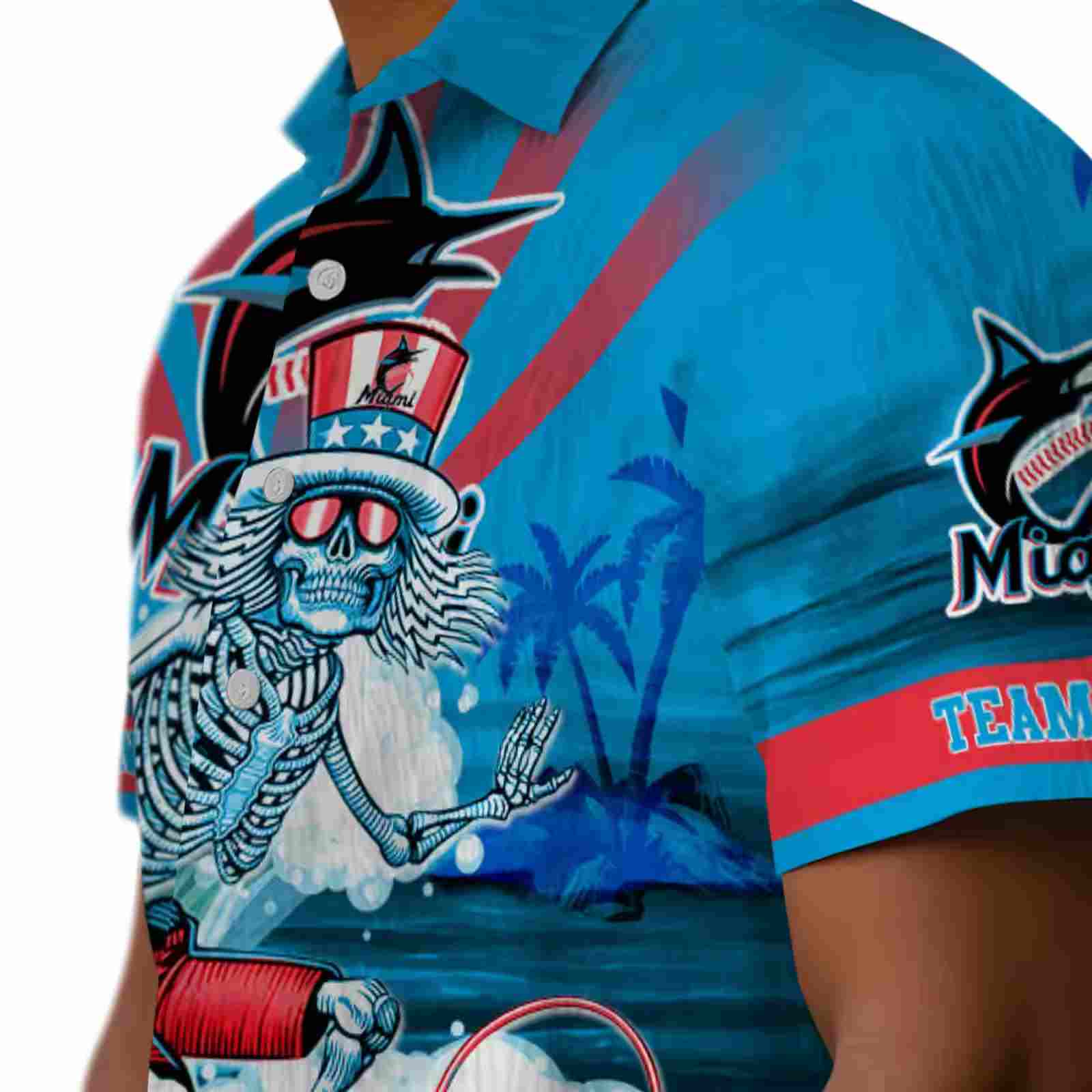 customized miami marlins surfing skeleton blue hawaiian shirt trendy