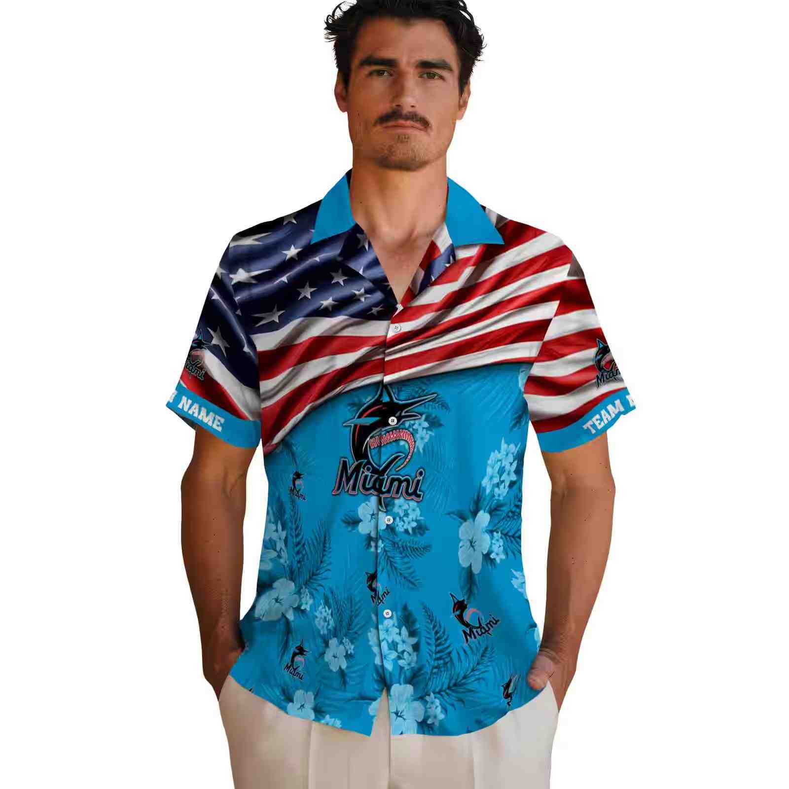 customized miami marlins us flag hibiscus blue hawaiian shirt fashion forward