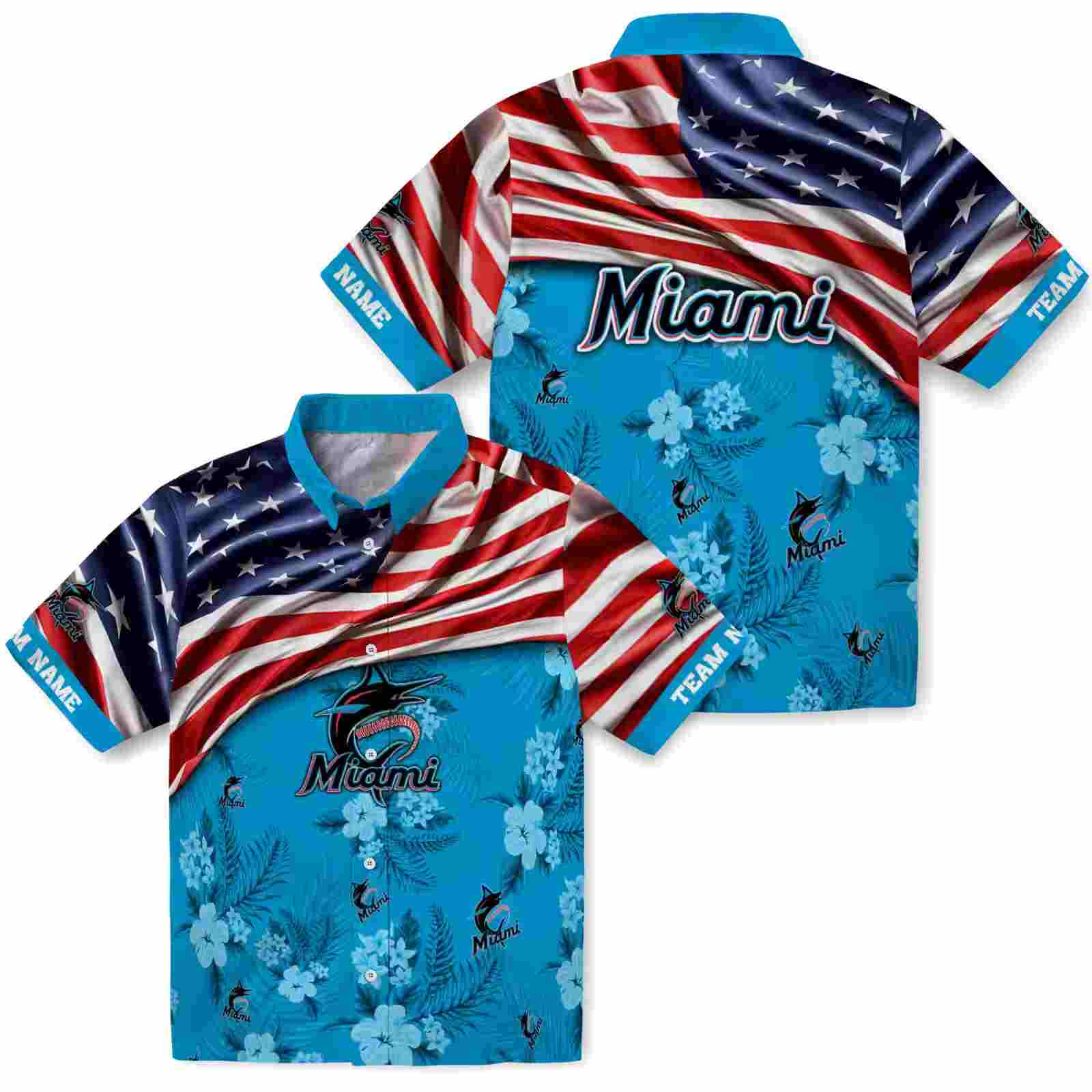 customized miami marlins us flag hibiscus blue hawaiian shirt high quality