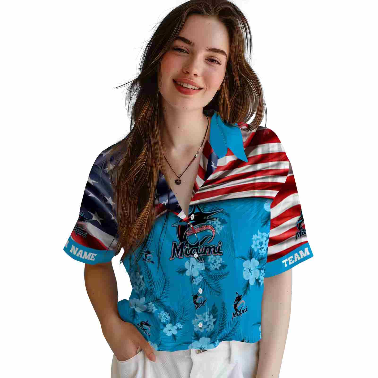 customized miami marlins us flag hibiscus blue hawaiian shirt latest model