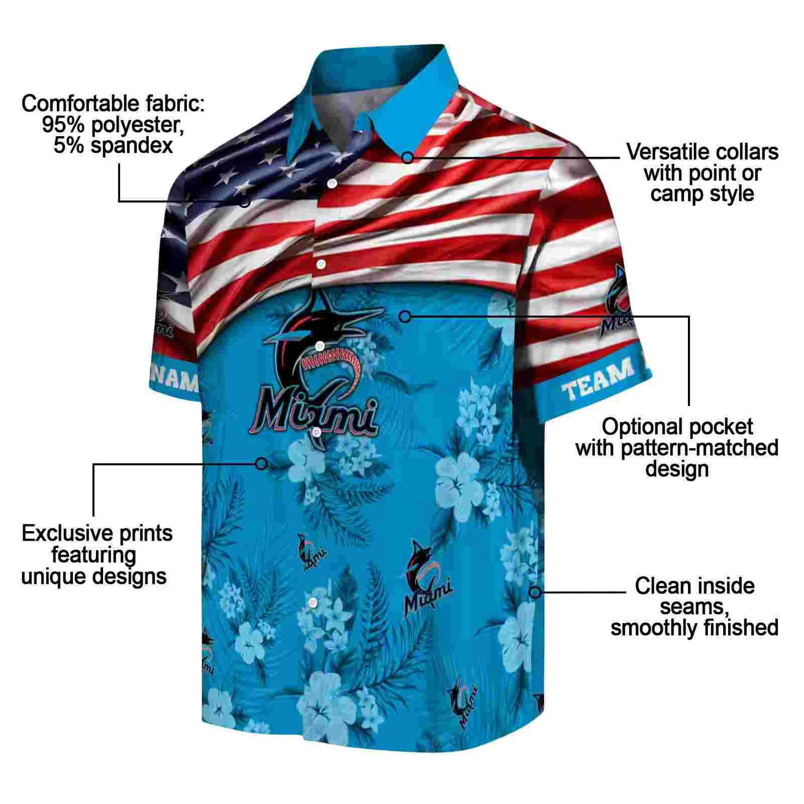 customized miami marlins us flag hibiscus blue hawaiian shirt new arrival