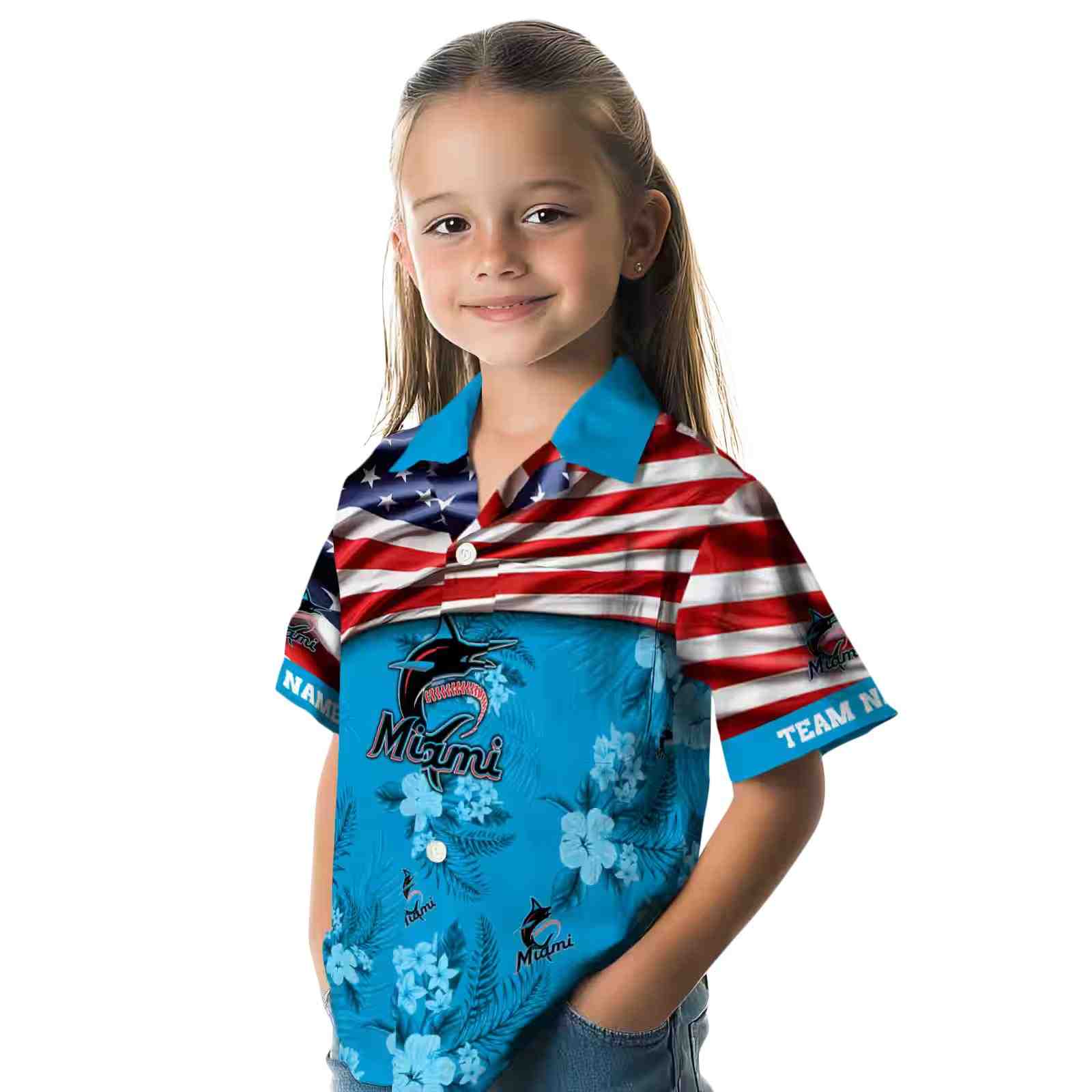 customized miami marlins us flag hibiscus blue hawaiian shirt premium grade