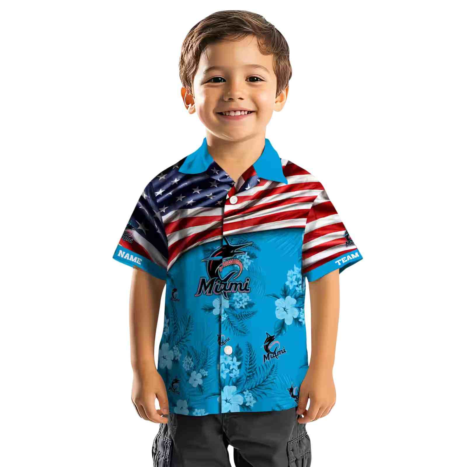 customized miami marlins us flag hibiscus blue hawaiian shirt top rated