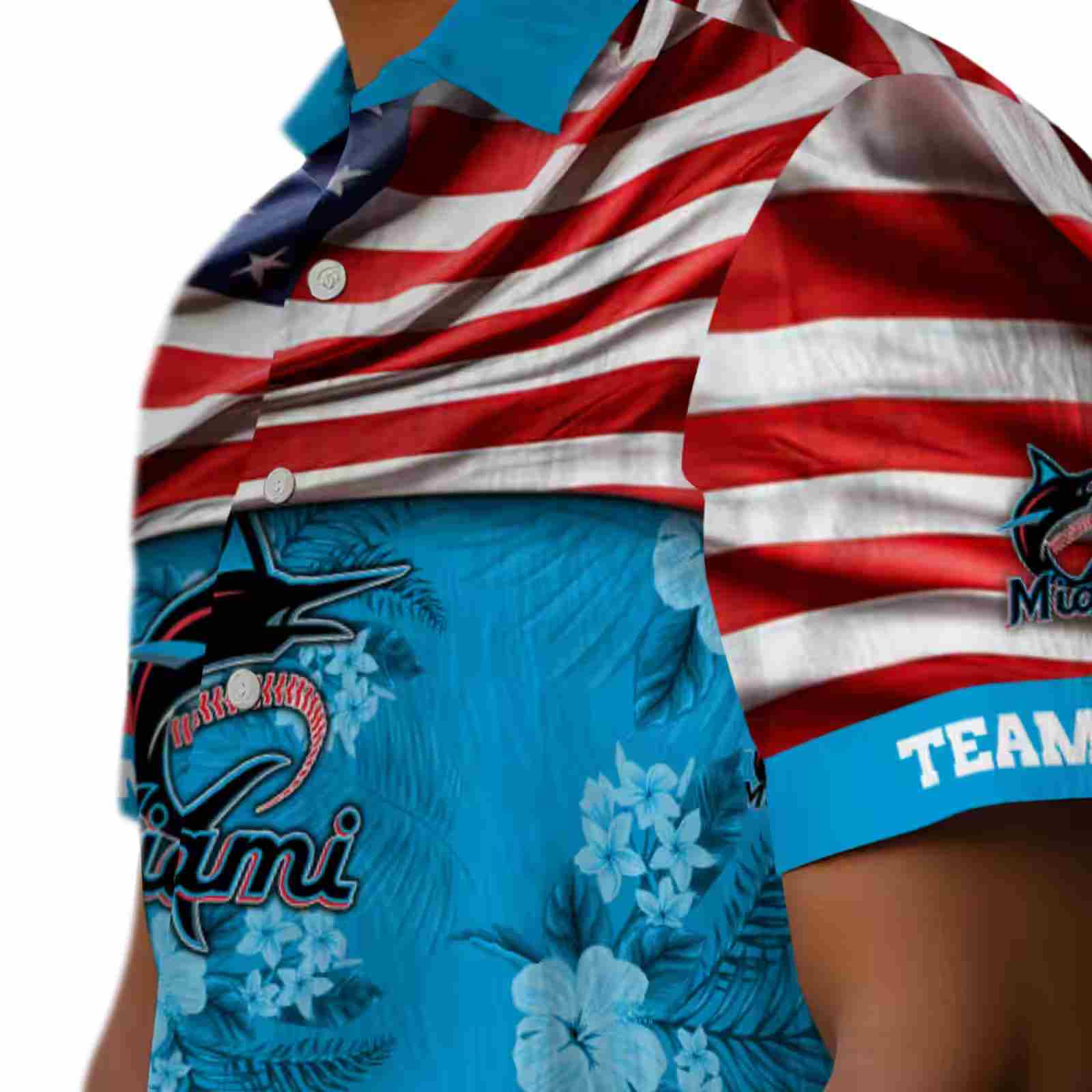 customized miami marlins us flag hibiscus blue hawaiian shirt trendy