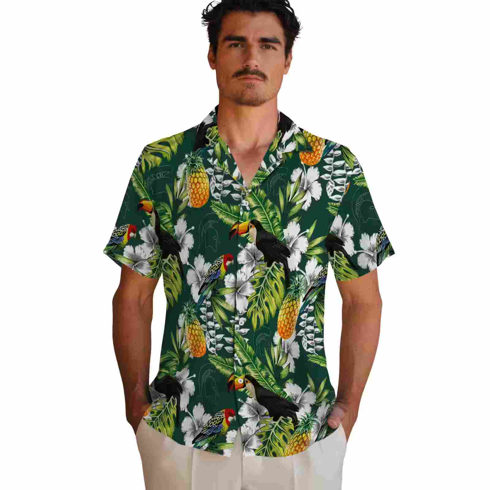 customized michigan state spartans tropical toucan green hawaiian shirt fashion forward