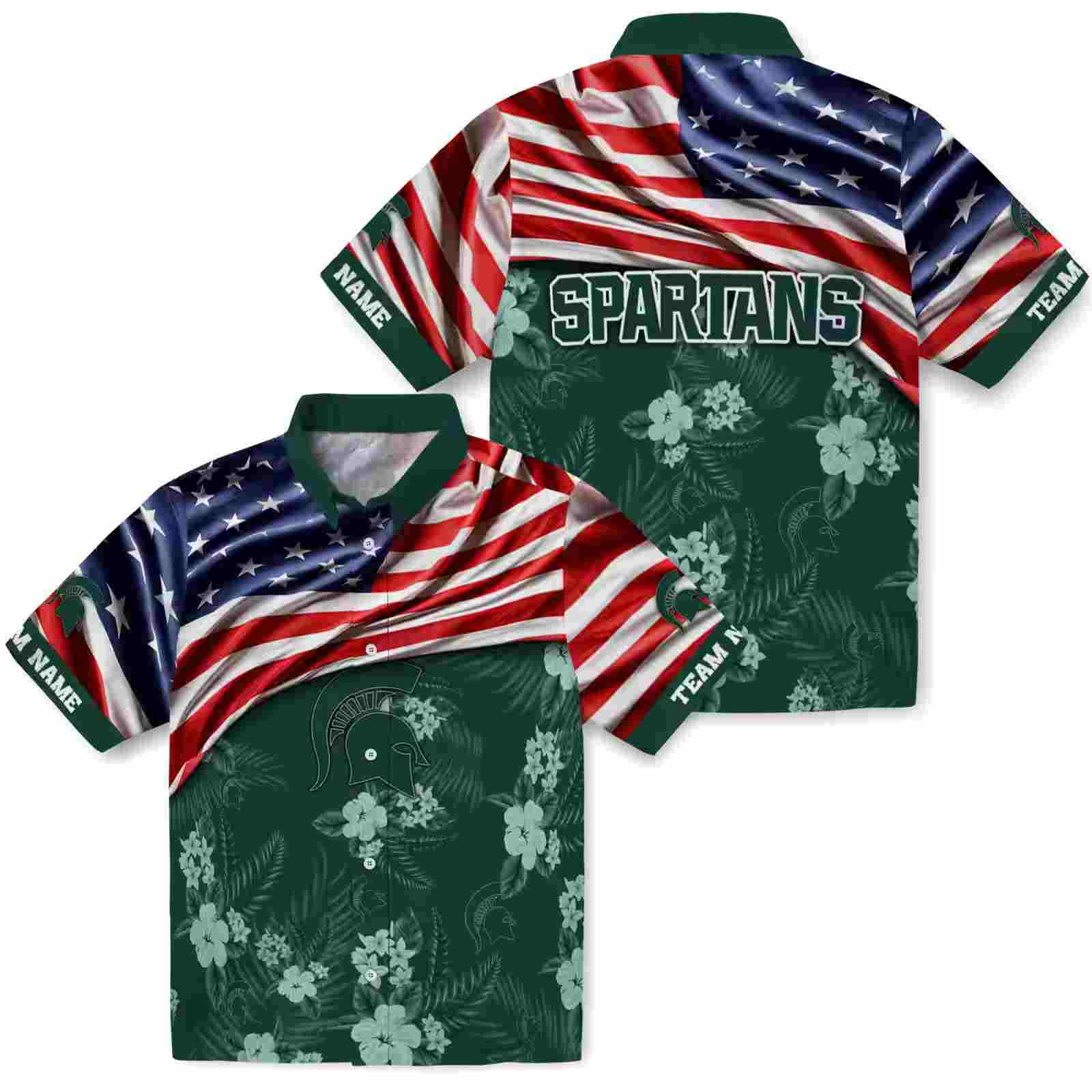 customized michigan state spartans us flag hibiscus green hawaiian shirt high quality