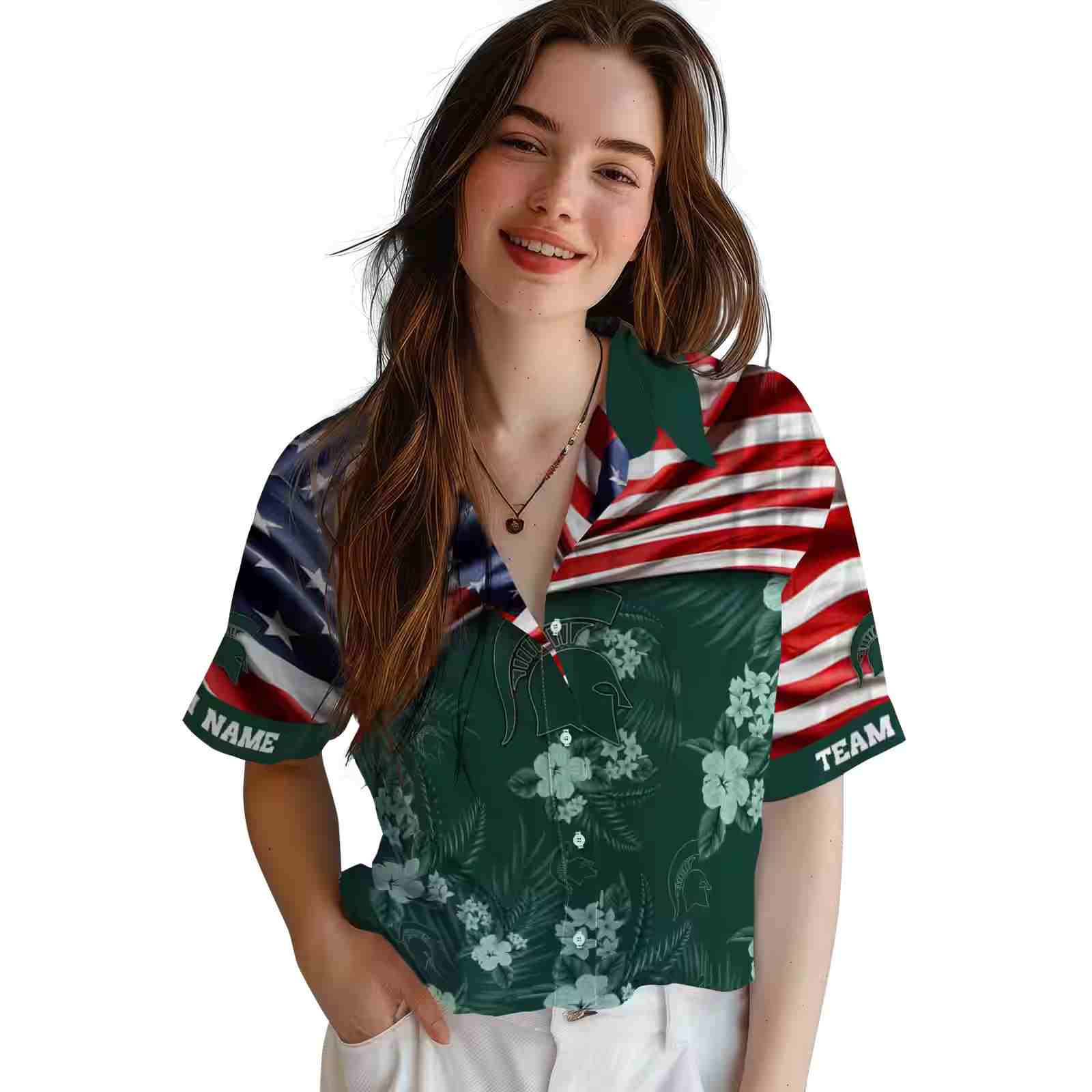 customized michigan state spartans us flag hibiscus green hawaiian shirt latest model