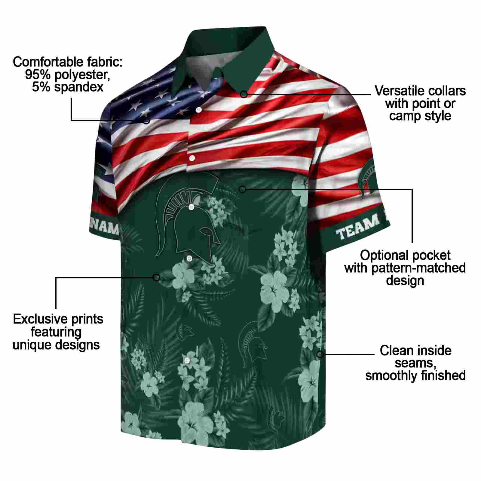 customized michigan state spartans us flag hibiscus green hawaiian shirt new arrival