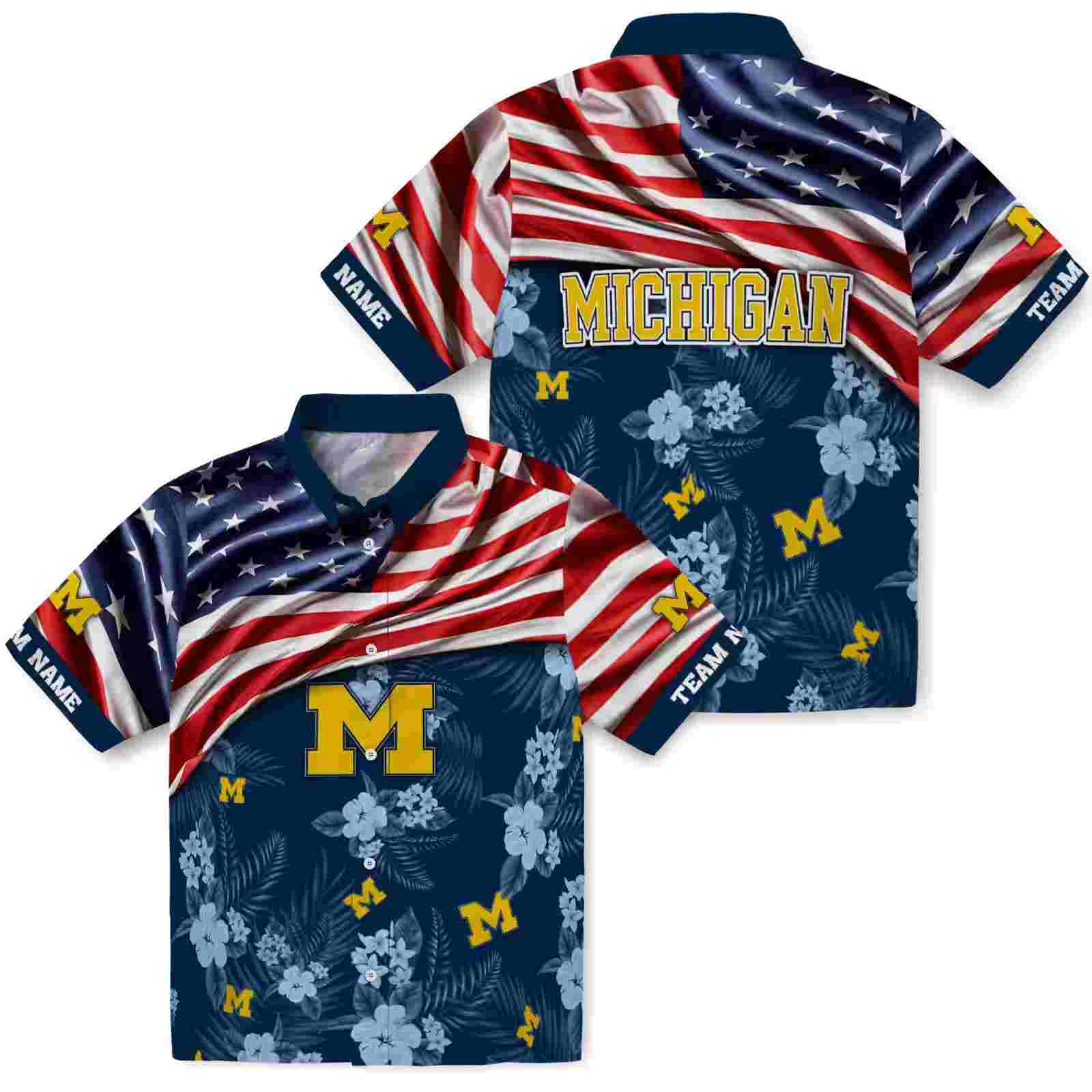 customized michigan wolverines us flag hibiscus blue hawaiian shirt high quality