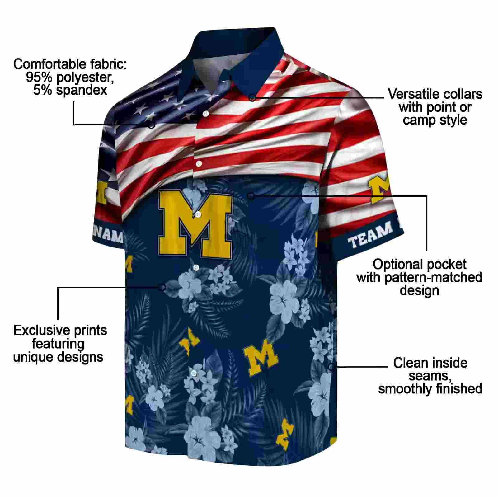 customized michigan wolverines us flag hibiscus blue hawaiian shirt new arrival