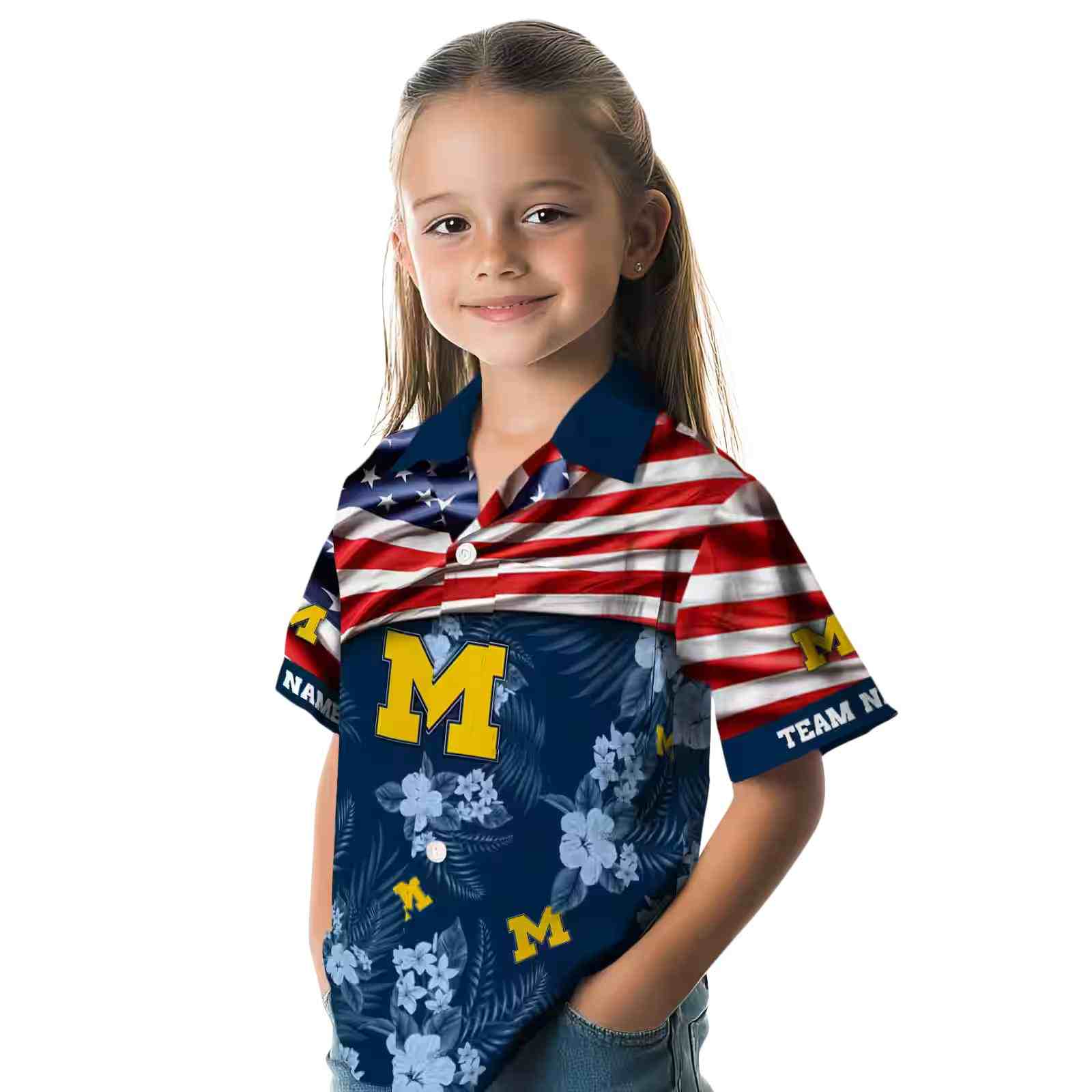 customized michigan wolverines us flag hibiscus blue hawaiian shirt premium grade