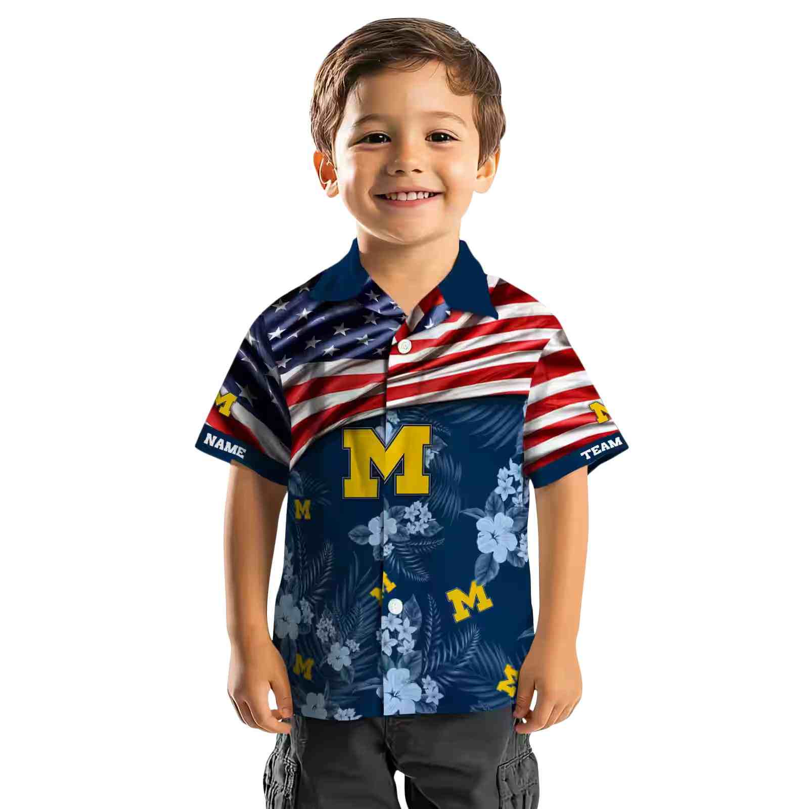 customized michigan wolverines us flag hibiscus blue hawaiian shirt top rated