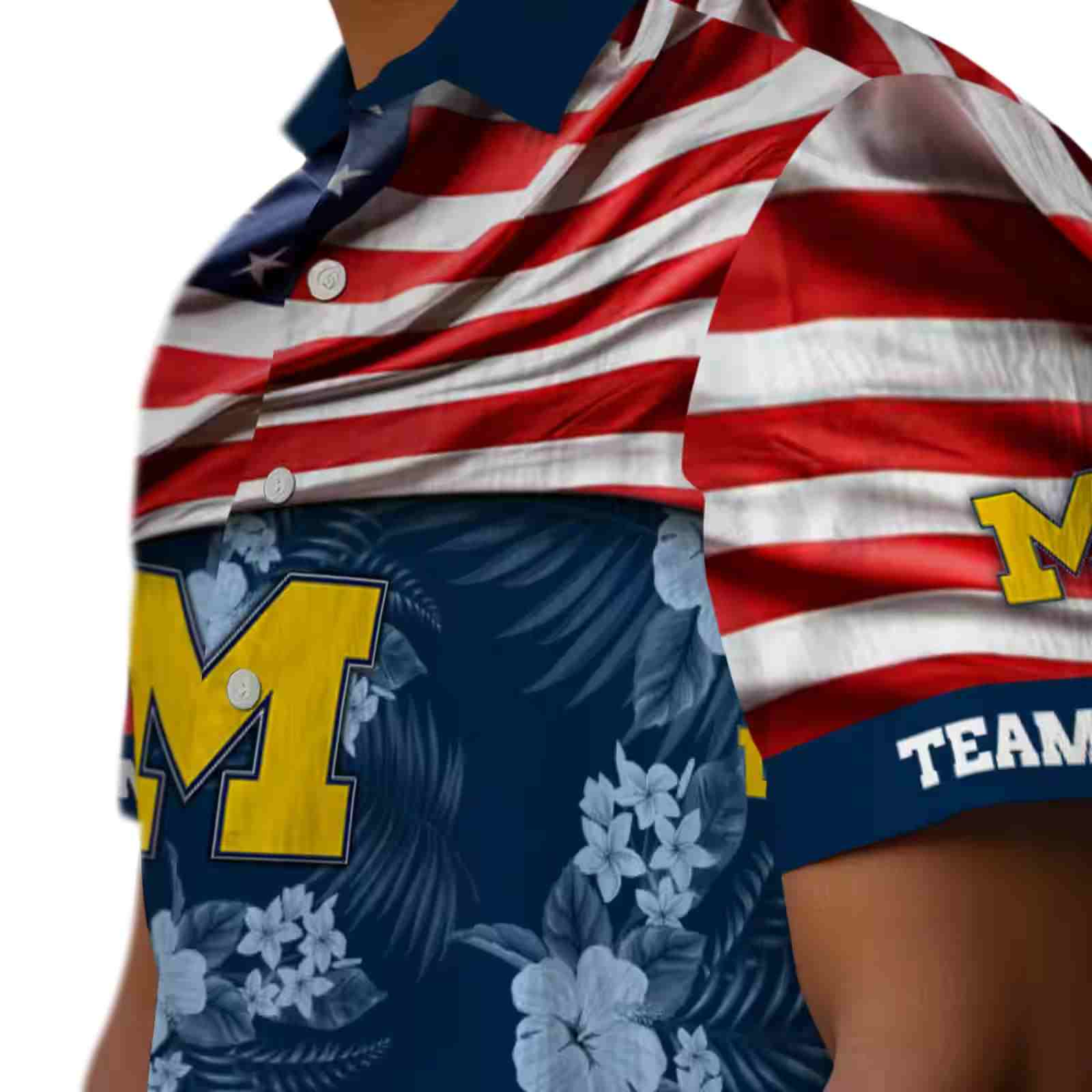 customized michigan wolverines us flag hibiscus blue hawaiian shirt trendy