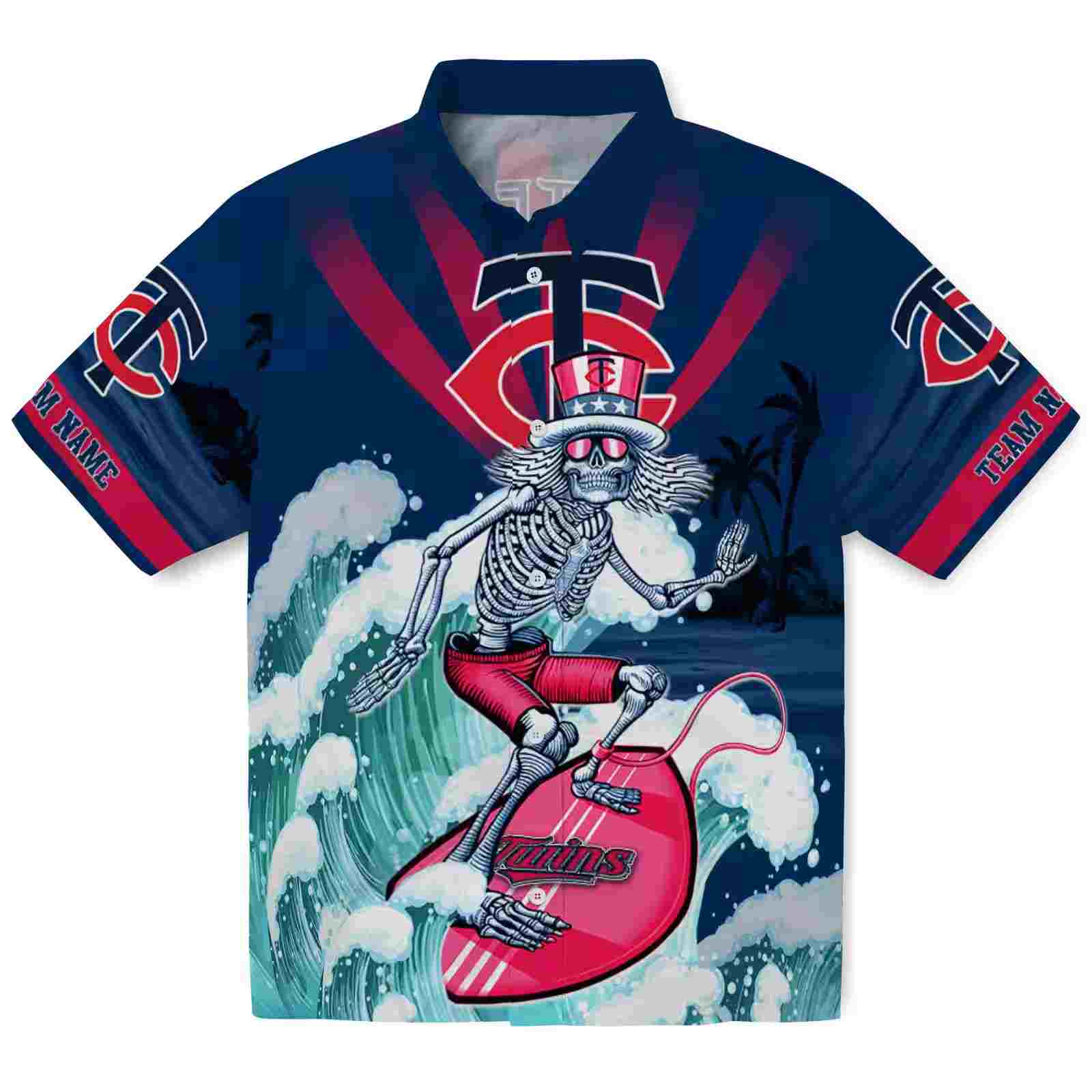 Customized Minnesota Twins Surfing Skeleton Navy Blue Hawaiian Shirt