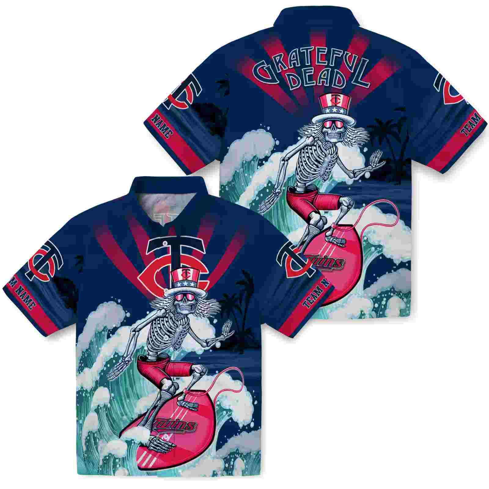 customized minnesota twins surfing skeleton navy blue hawaiian shirt high quality