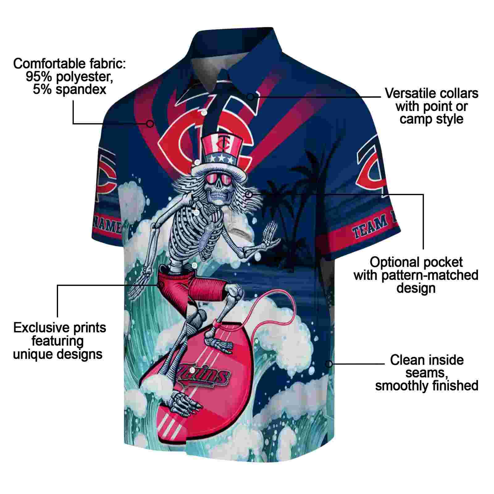 customized minnesota twins surfing skeleton navy blue hawaiian shirt new arrival