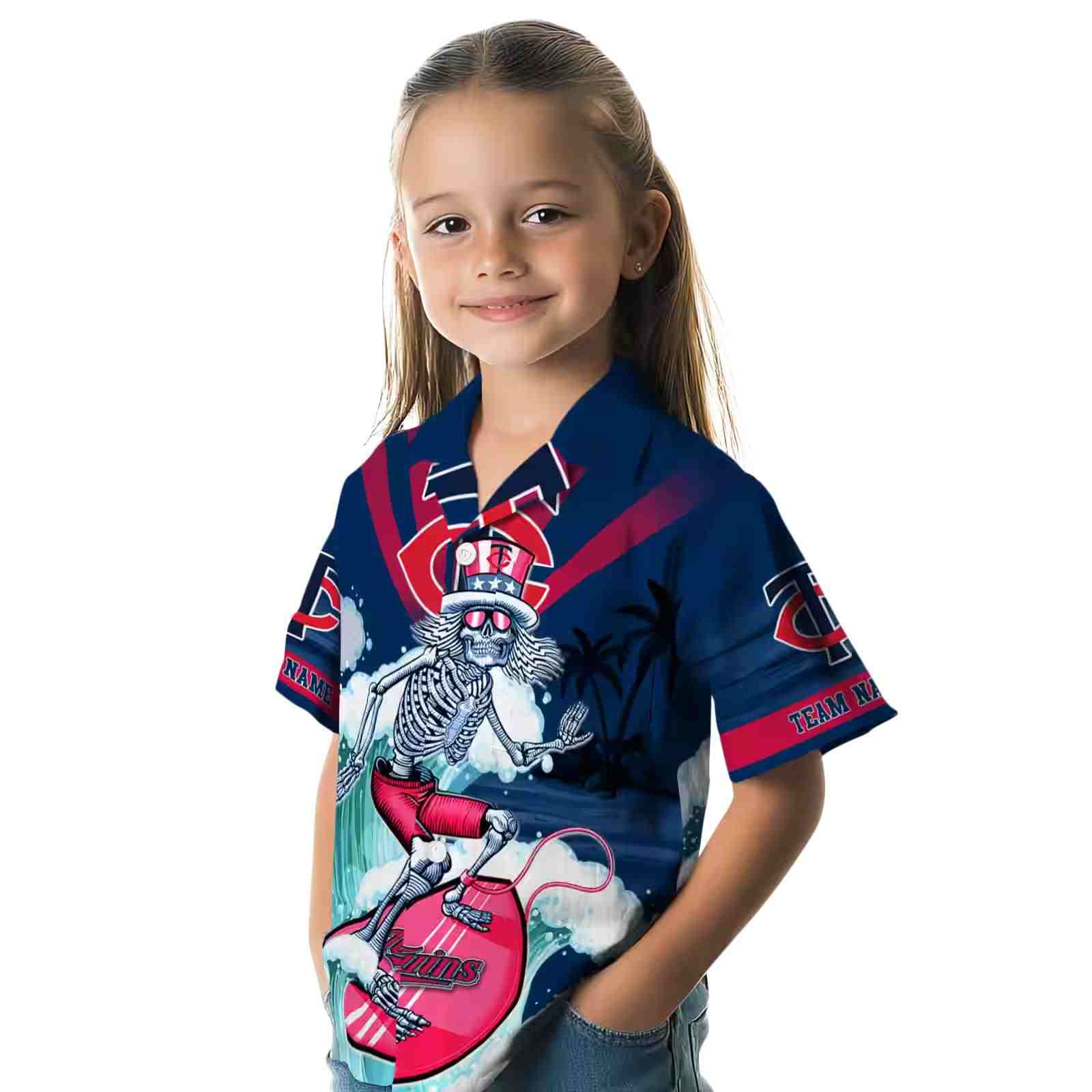 customized minnesota twins surfing skeleton navy blue hawaiian shirt premium grade