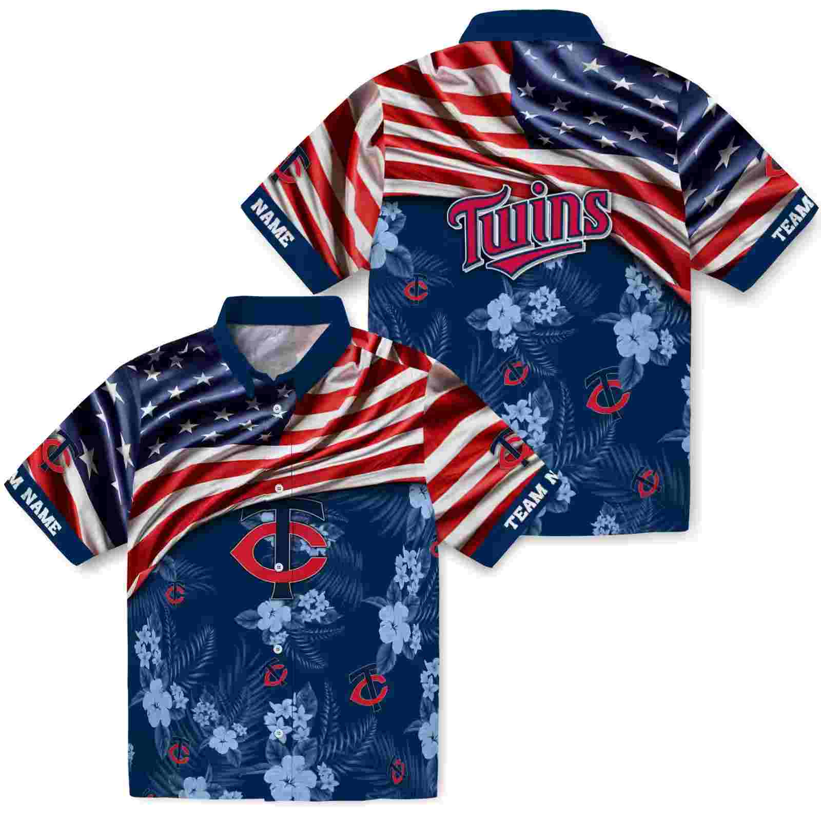 customized minnesota twins us flag hibiscus navy hawaiian shirt high quality