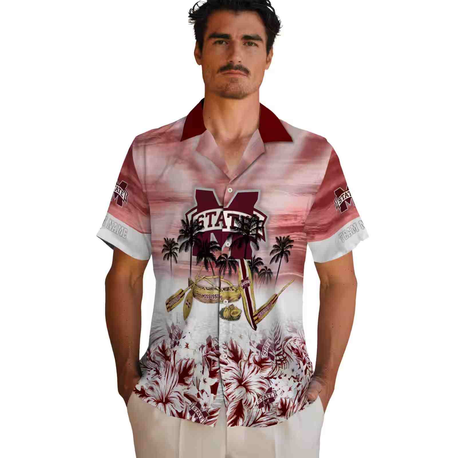 customized mississippi state bulldogs tropical canoe maroon hawaiian shirt fashion forward