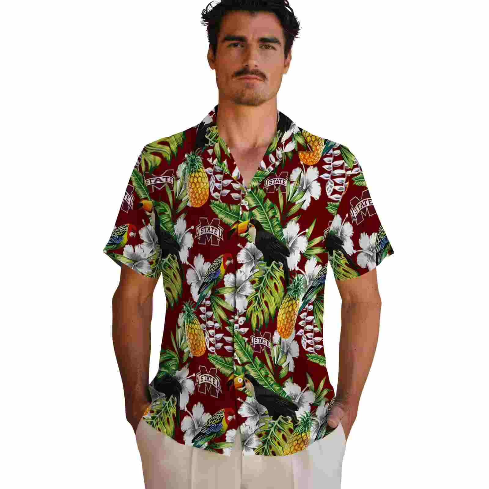 customized mississippi state bulldogs tropical toucan maroon green hawaiian shirt fashion forward