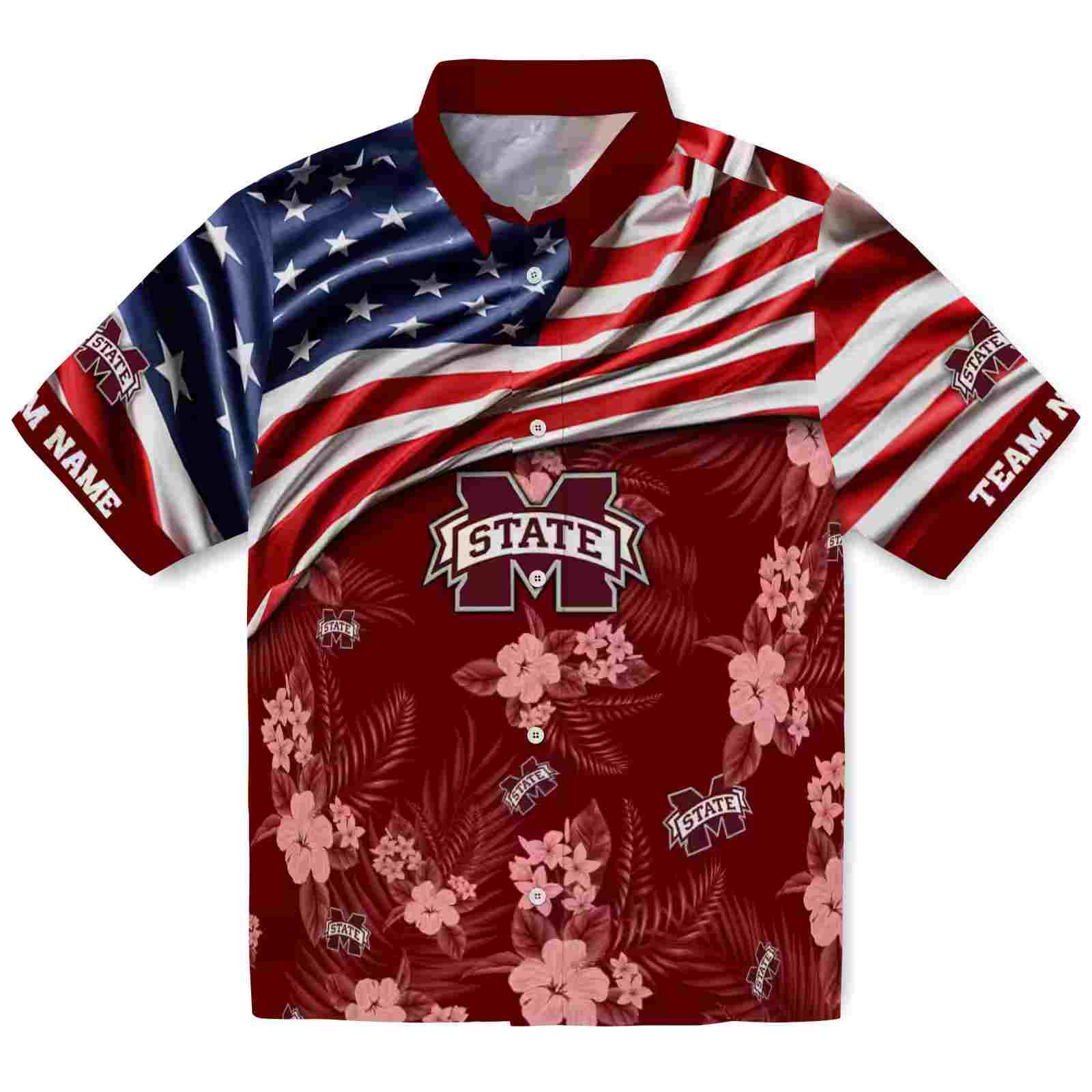 Customized Mississippi State Bulldogs US Flag Hibiscus Maroon Hawaiian Shirt