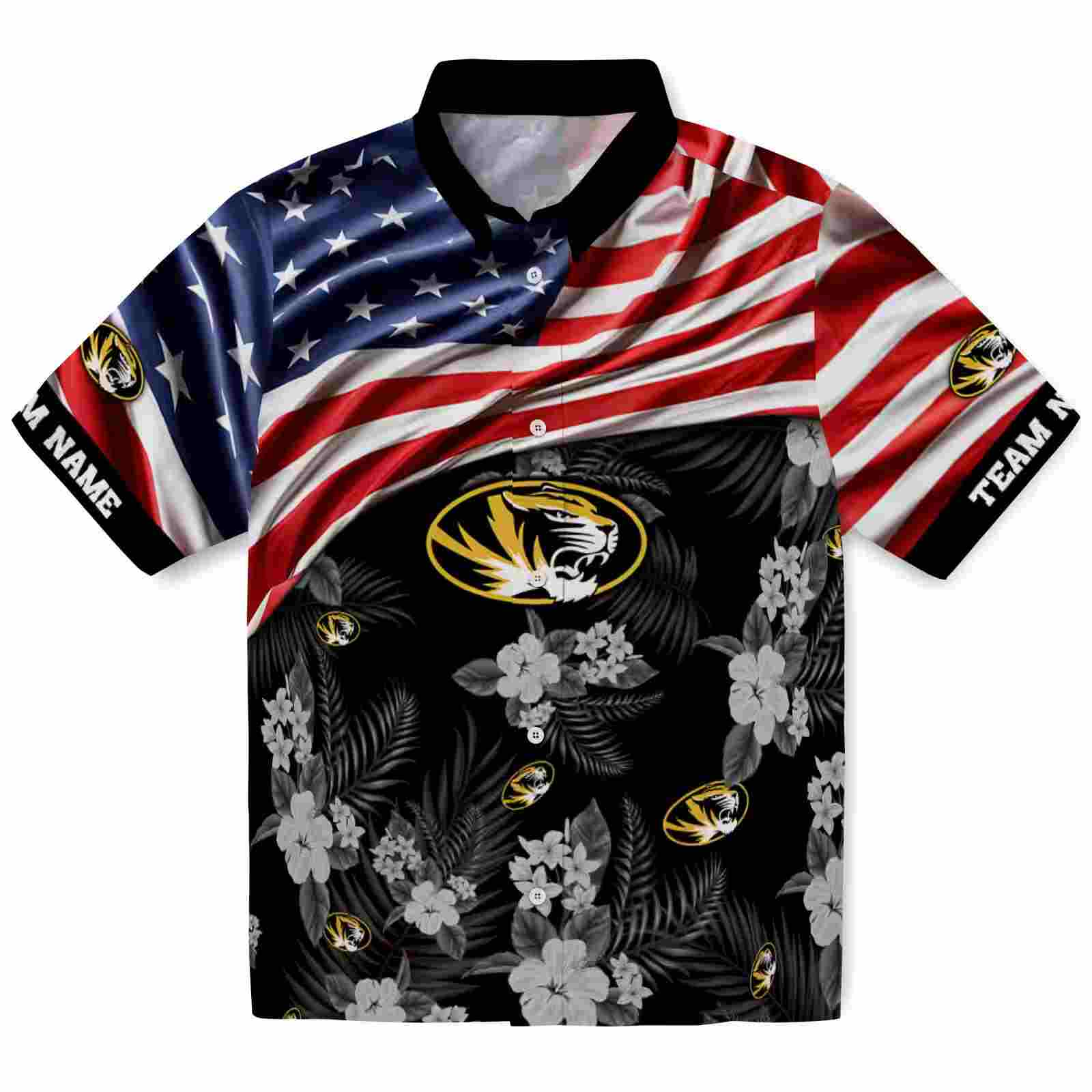 Customized Missouri Tigers US Flag Hibiscus Black Hawaiian Shirt