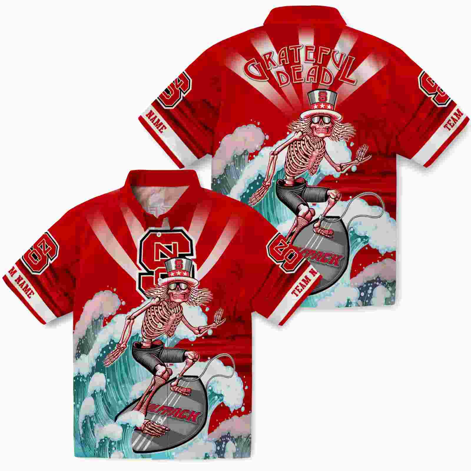 customized nc state wolfpack surfing skeleton red blue hawaiian shirt high quality