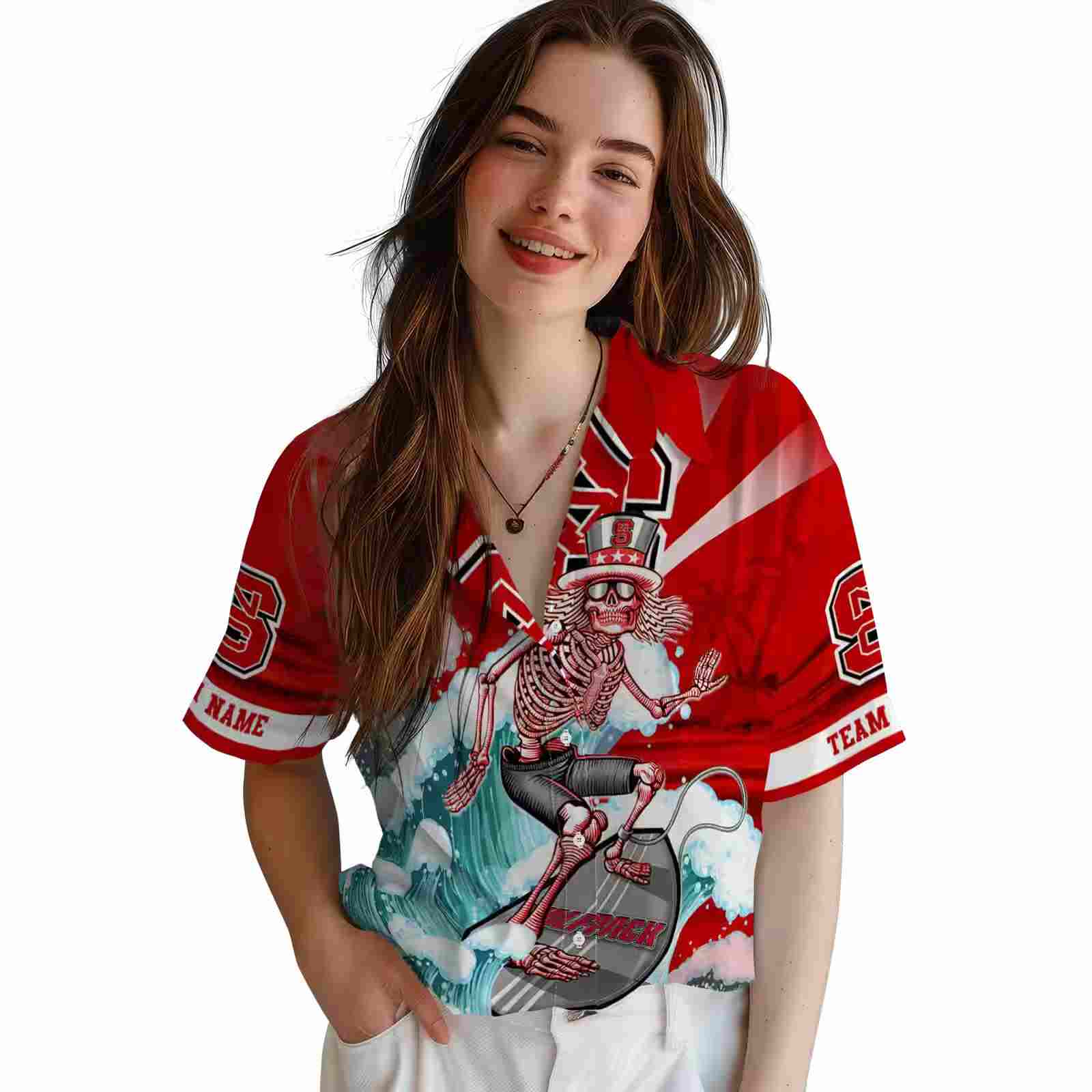 customized nc state wolfpack surfing skeleton red blue hawaiian shirt latest model