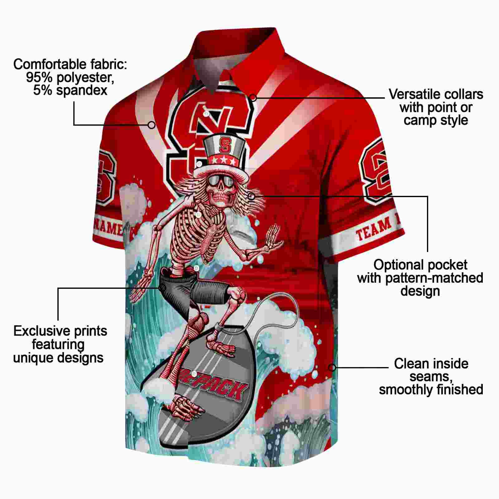 customized nc state wolfpack surfing skeleton red blue hawaiian shirt new arrival