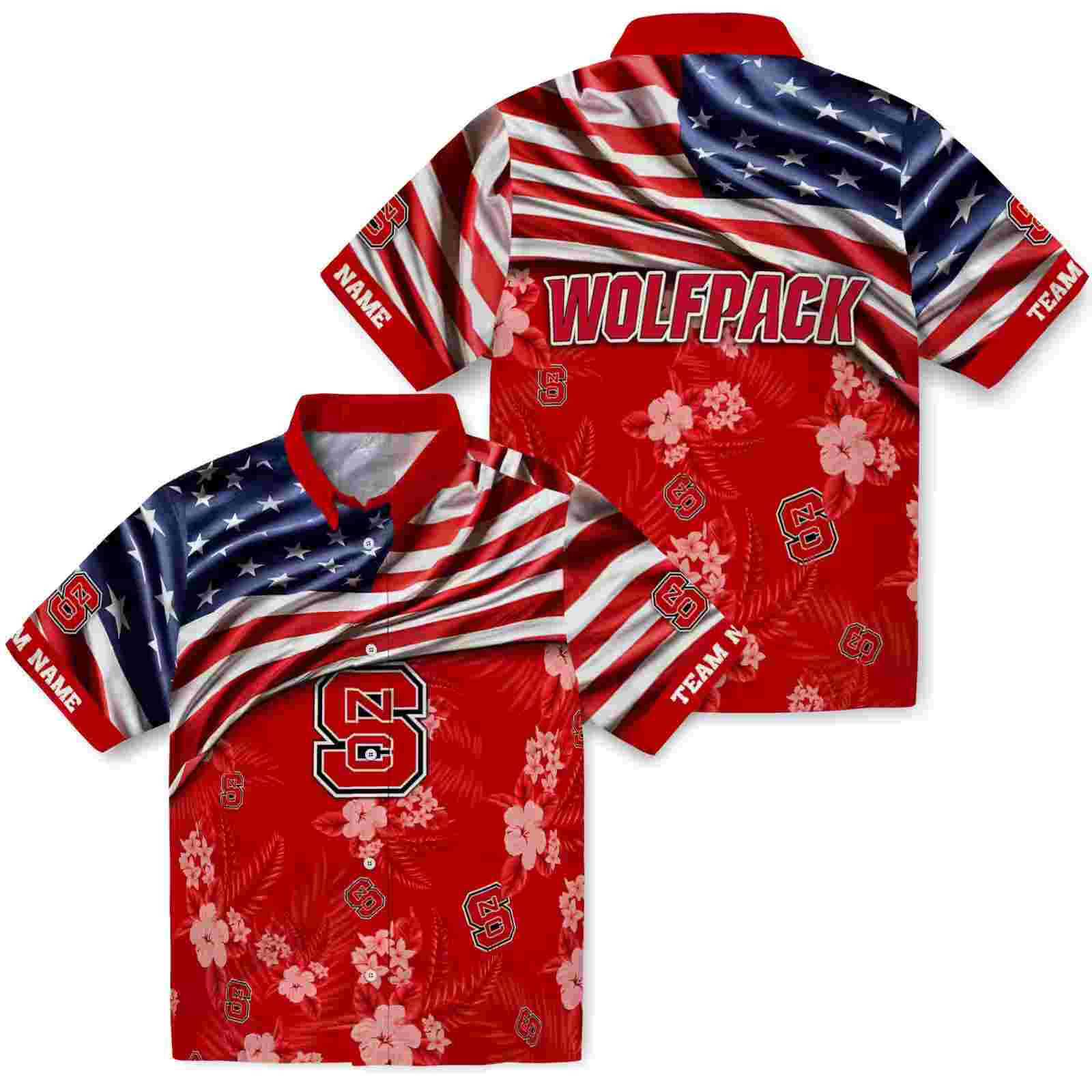 customized nc state wolfpack us flag hibiscus red hawaiian shirt high quality